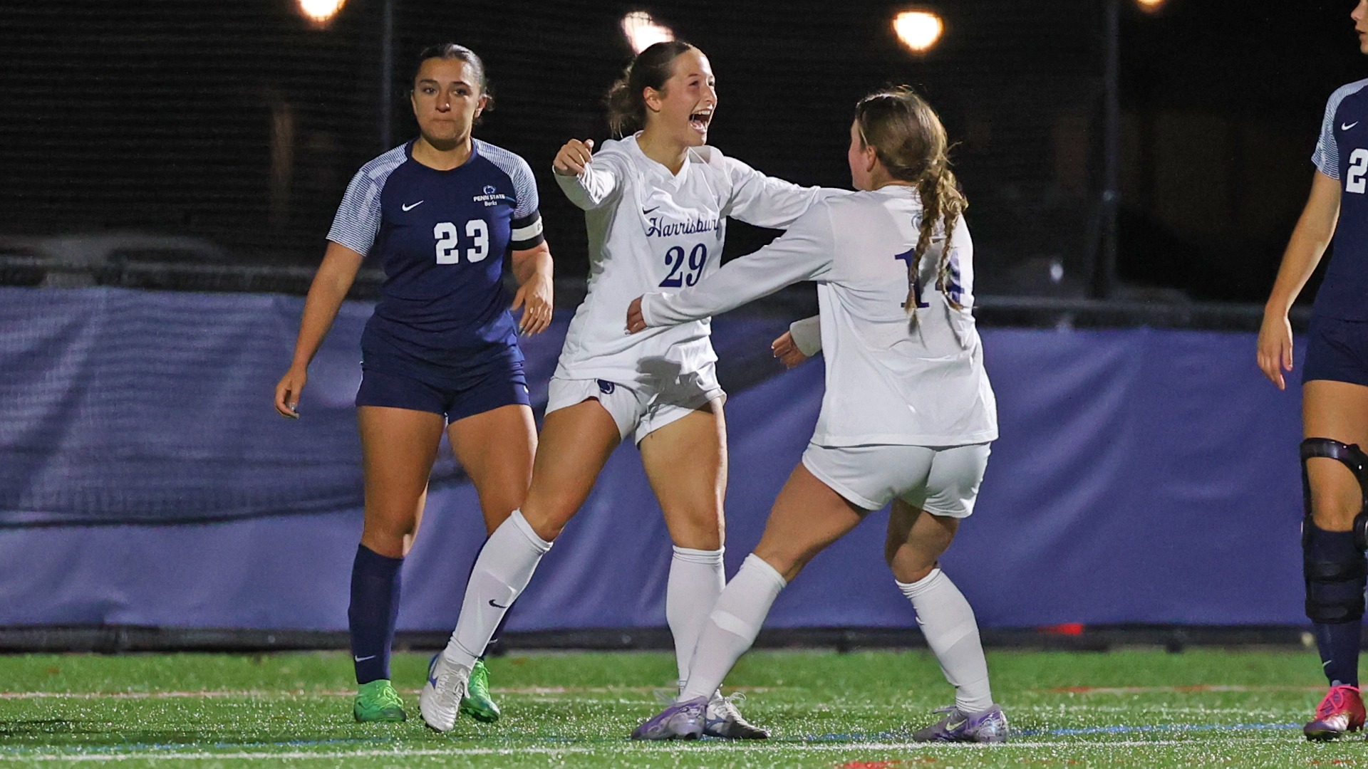ava myers celebrates after scoring a goal in a postseason victory over penn state berks in 2025