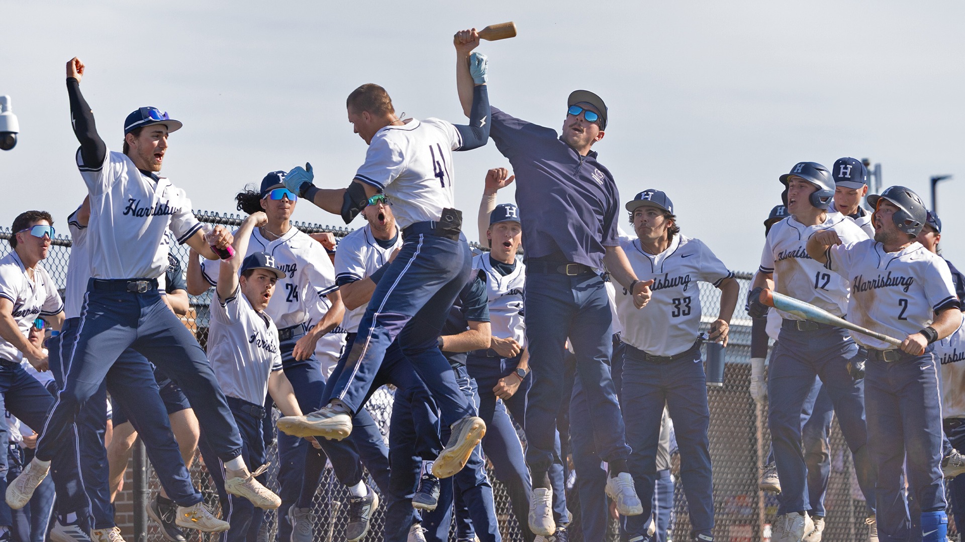 penn state harrisburg's baseball team celebrates after zach neeld's home run against stockton