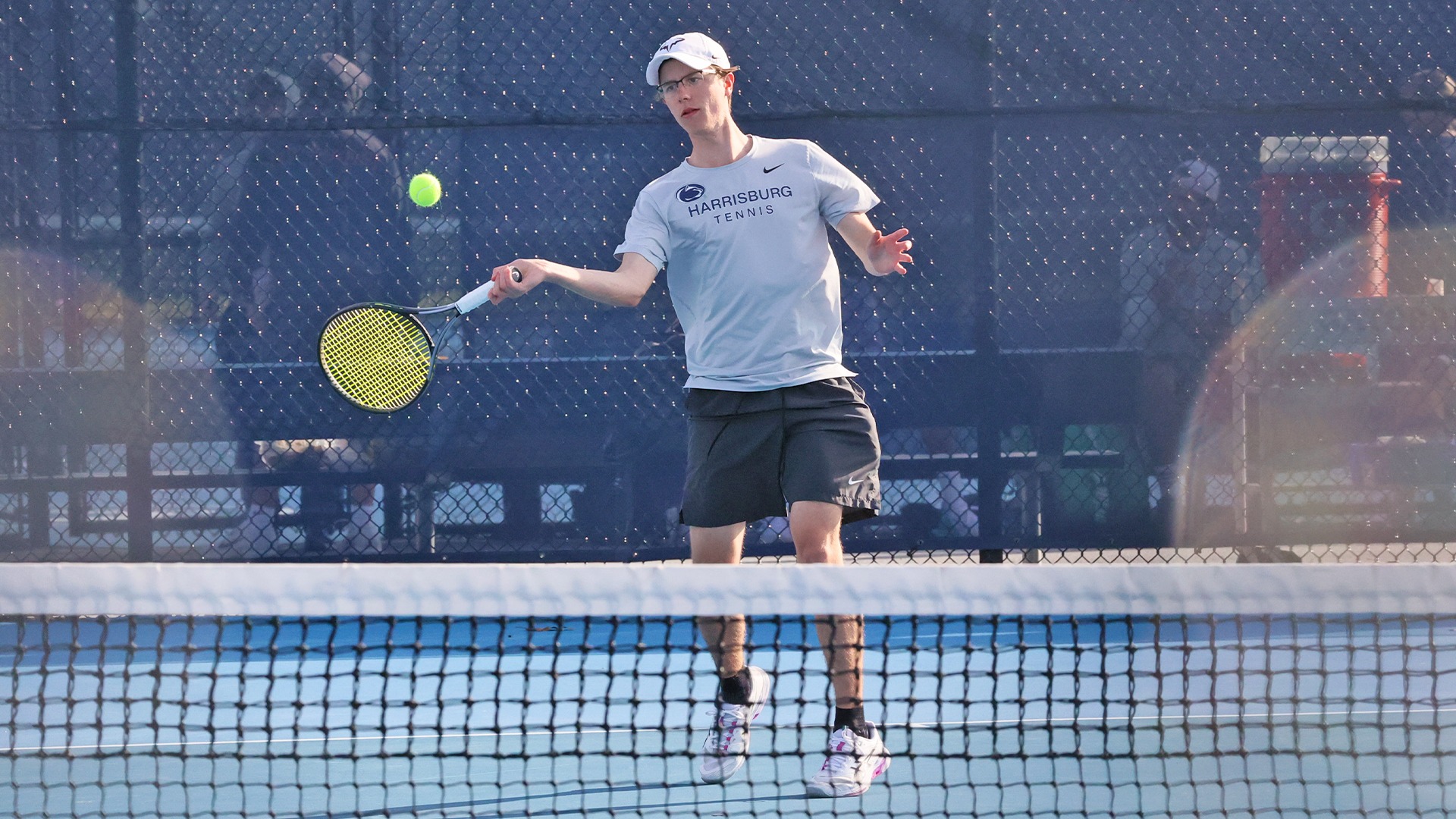 colin flack returns a volley during a win over penn college in 2026