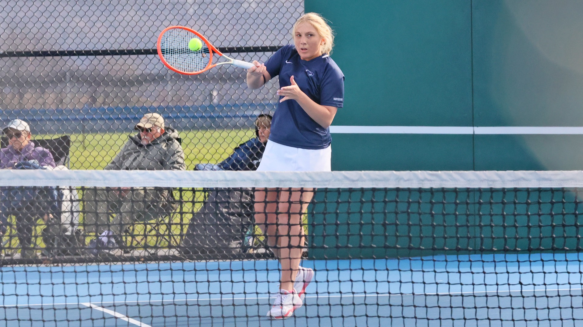 megan strohecker returns a ball during a win over penn college in 2026