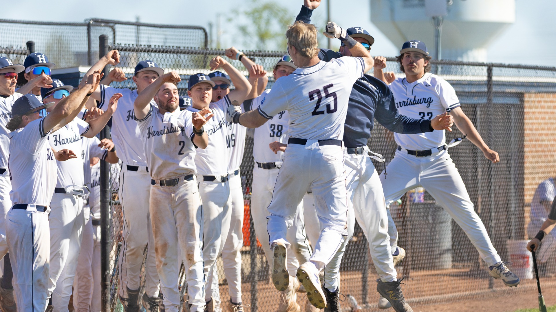 blaine waltimyer celebrates with the baseball team after hitting a homerun against penn state abington