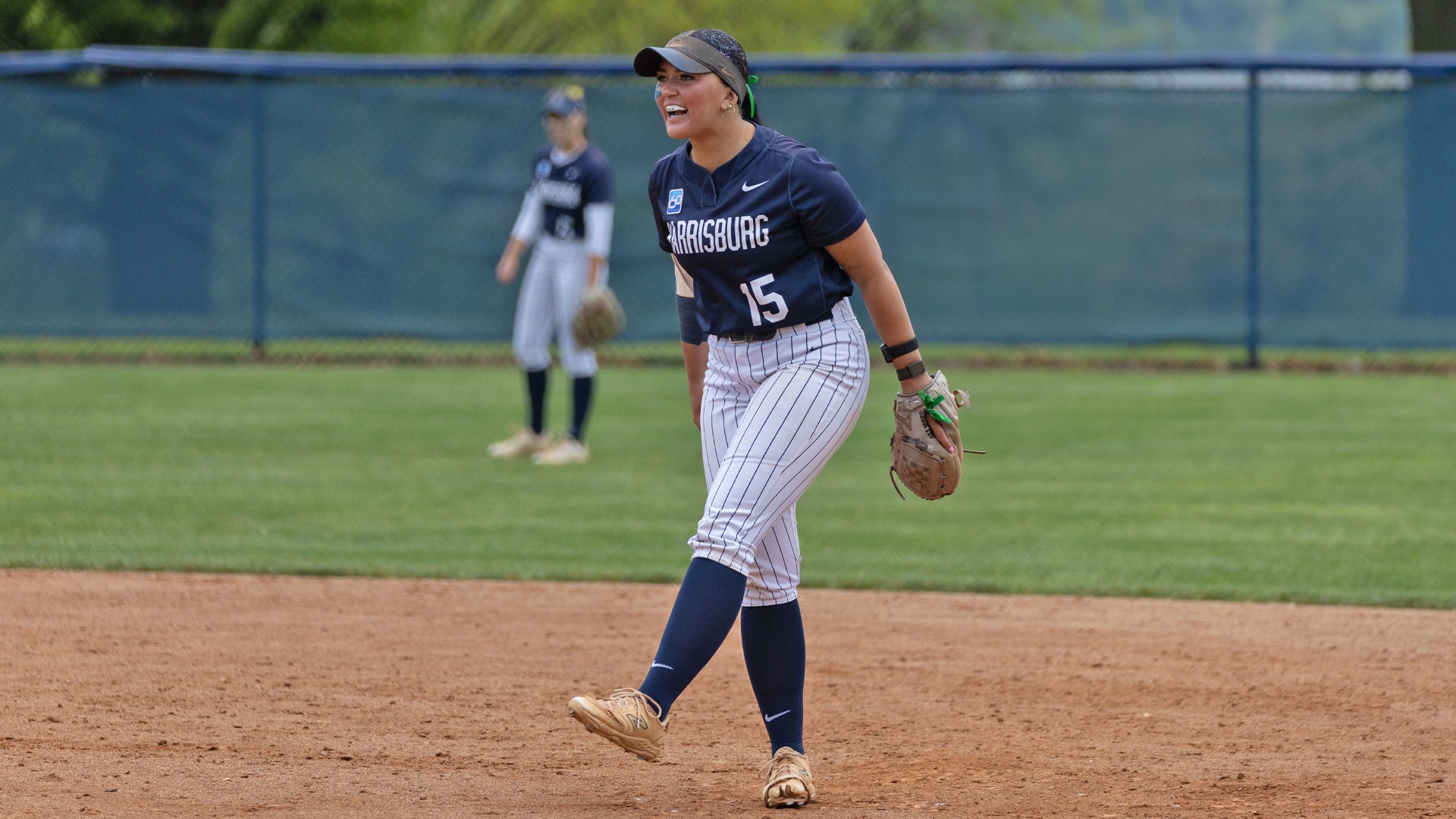 kierstyn smith yells at first base in a game against elizabethtown