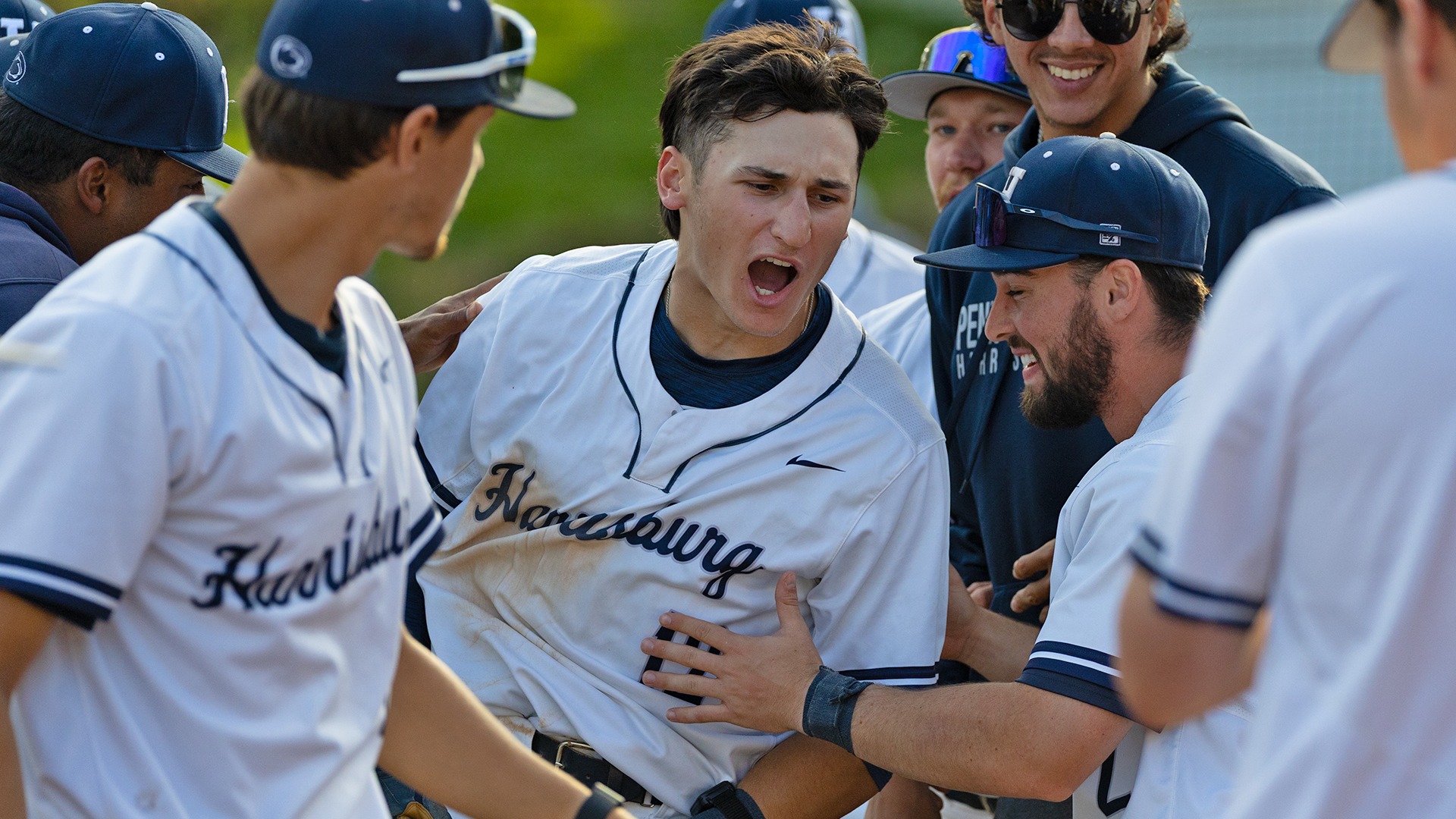 james quici celebrates with teammates after hitting a home run during the united east championship game against lancaster bible in 2026