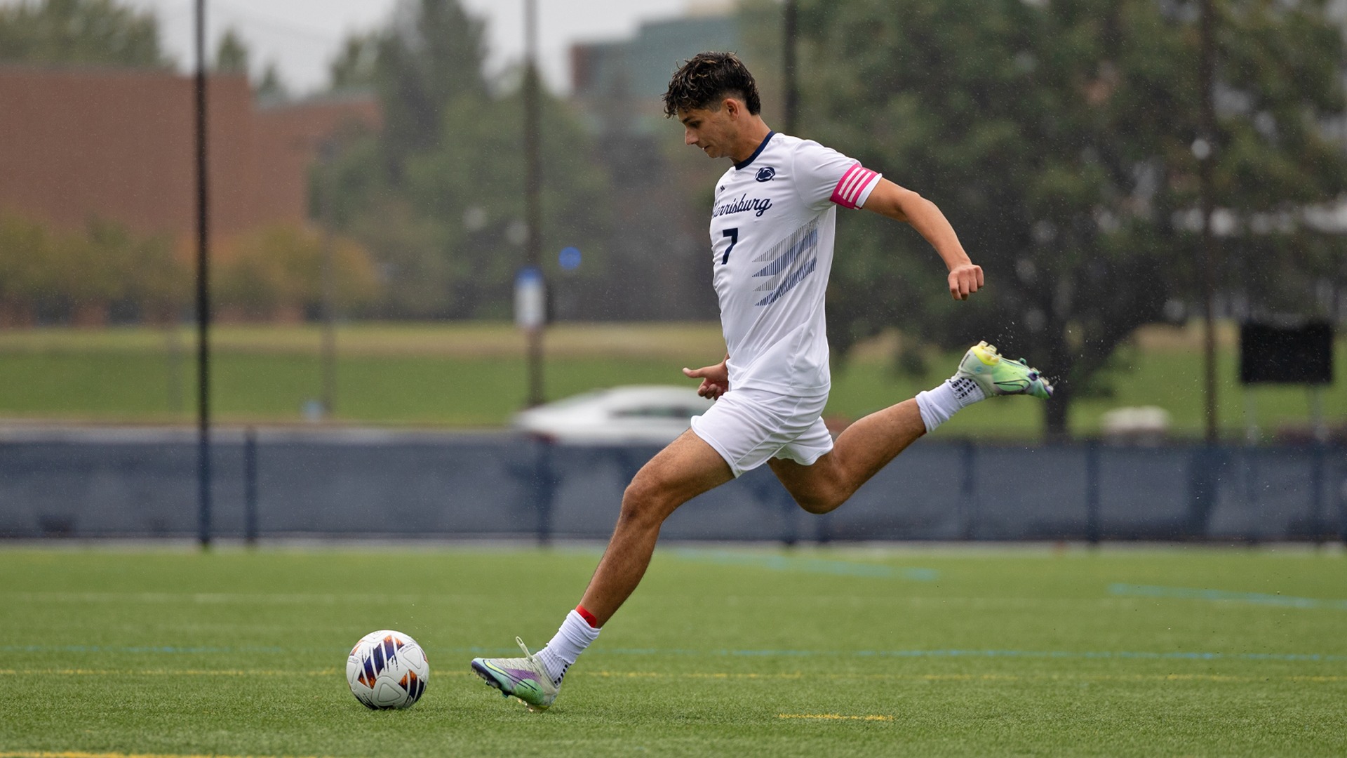 tai bhalla kicks the ball against notre dame of maryland in 2026