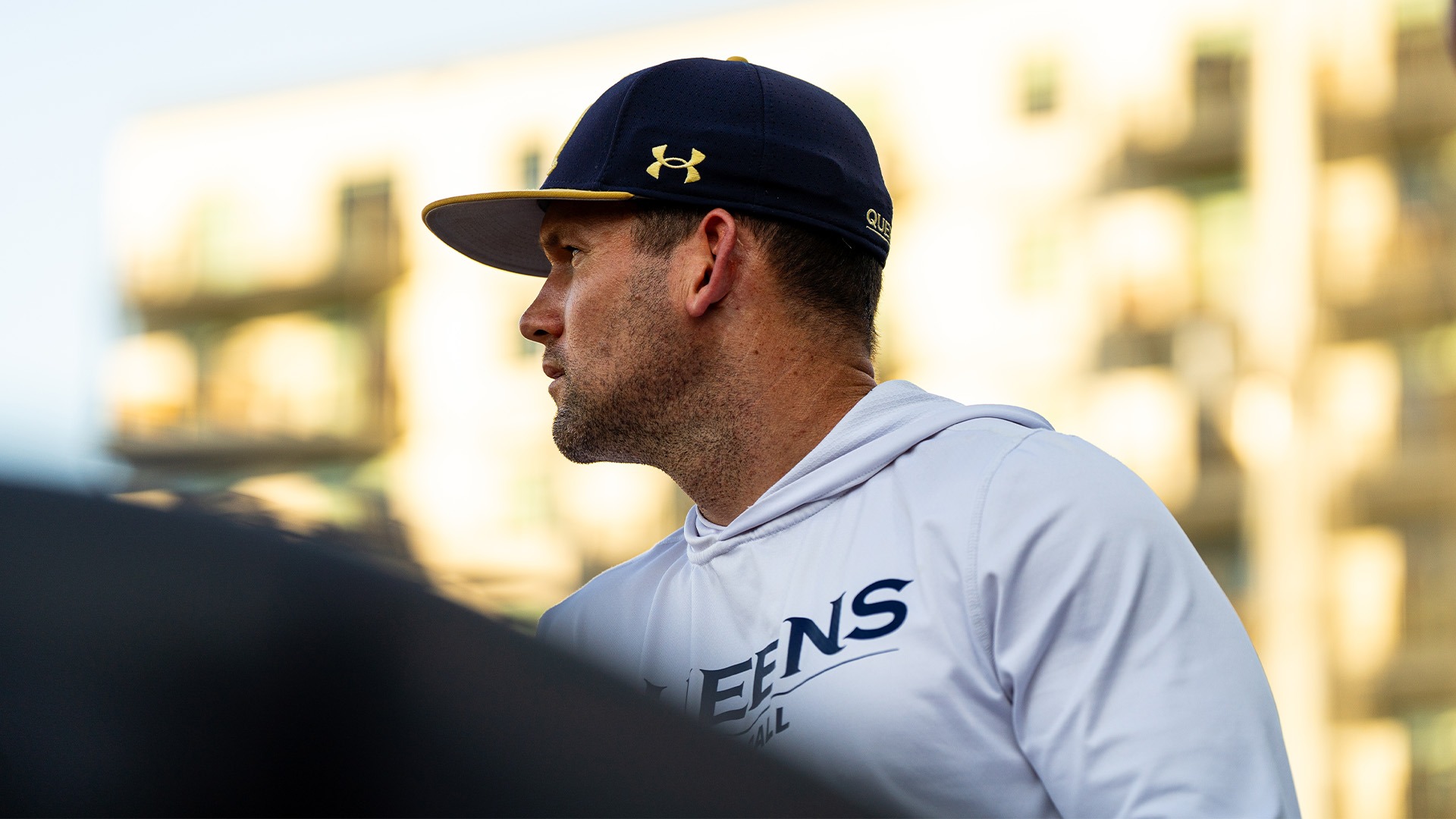 Jake Hendrick coaching versus Notre Dame at Atrium Health Ballpark
