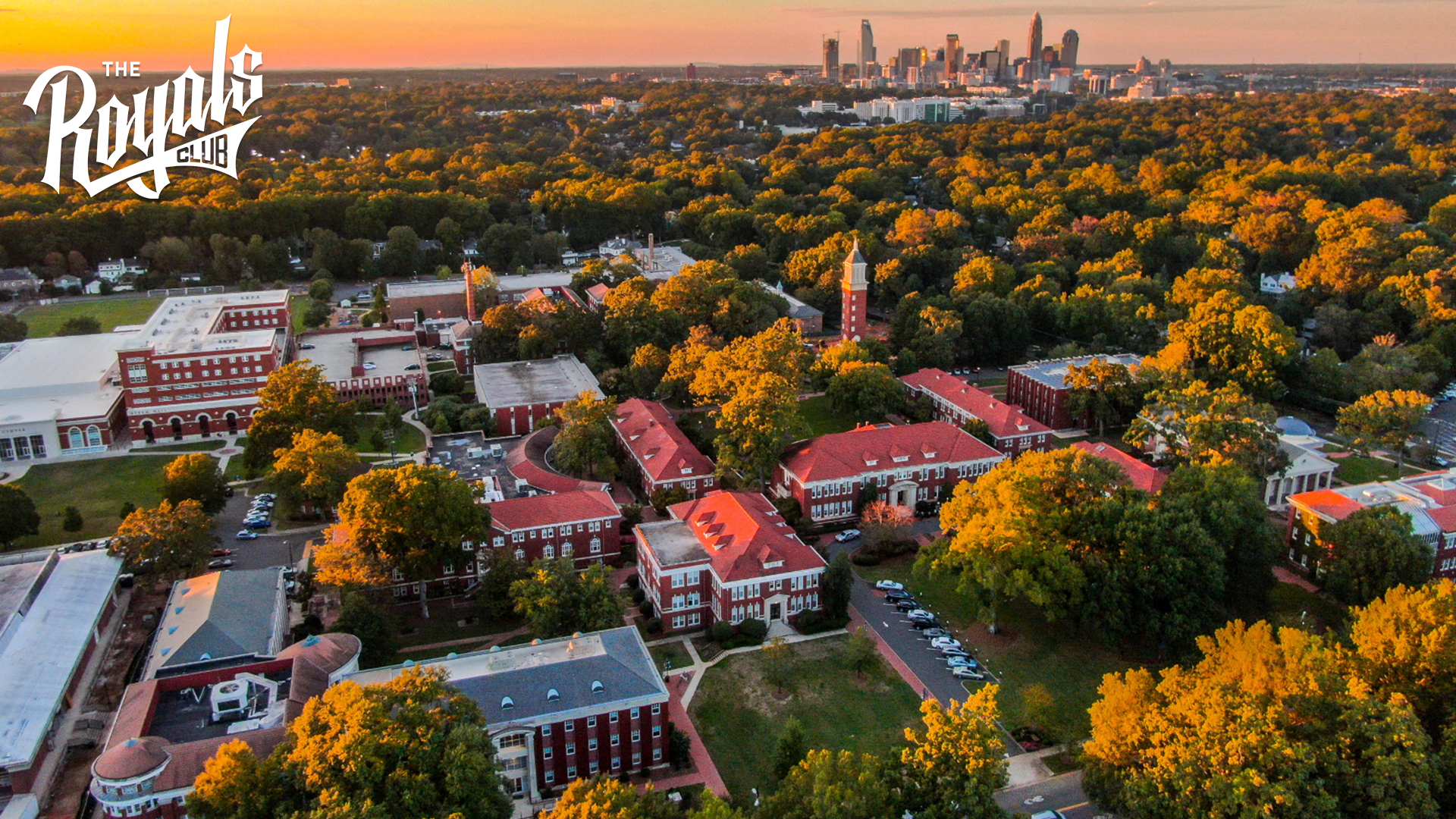 image of Queens campus with the Royals Club logo in top left corner.
