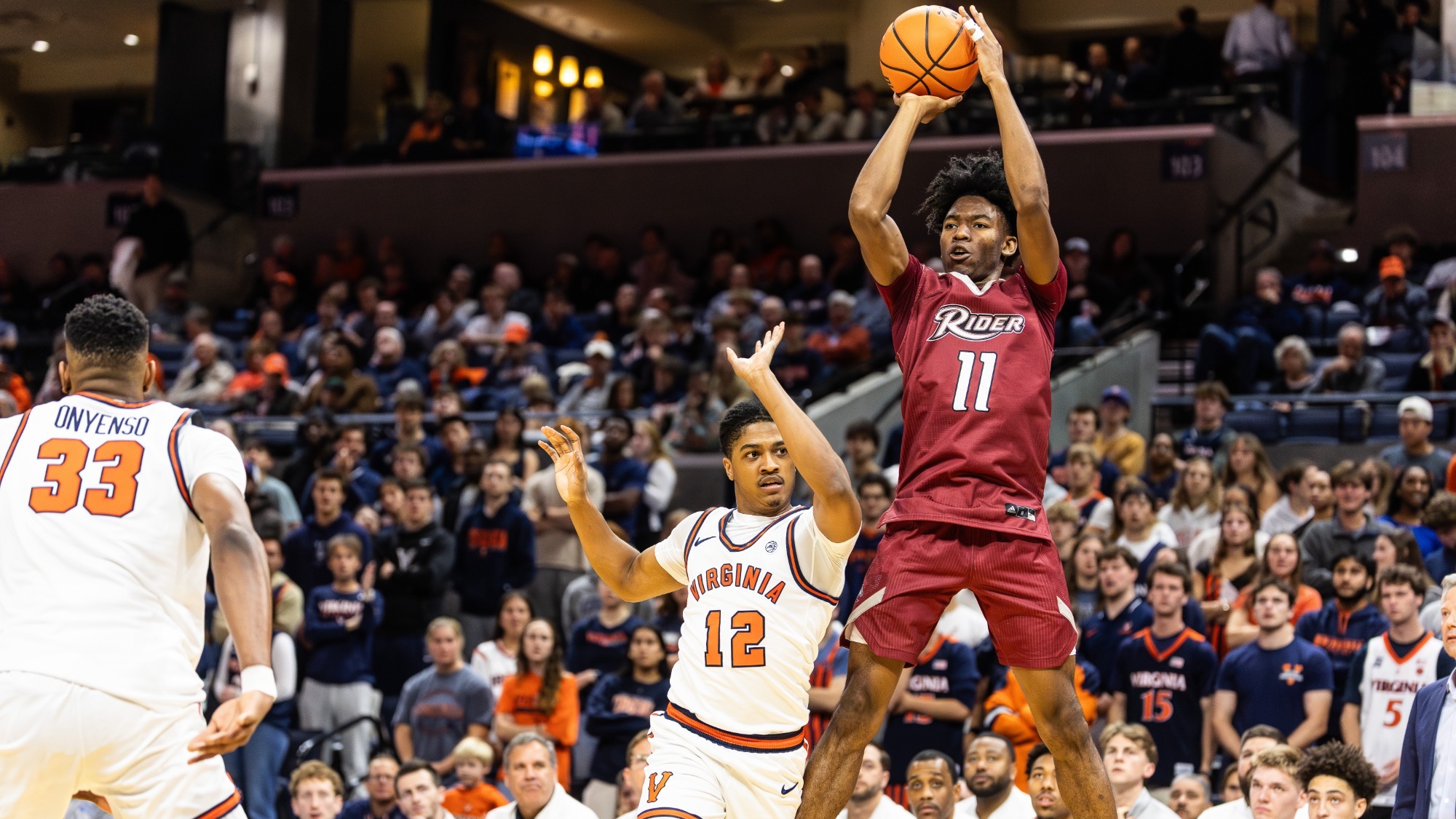 Images from the Rider Broncs vs Virginia Cavaliers mens basketball game-Monday, Nov. 03, 2025 at  in Charlottesville, VA.
 
Rider hung close the first half but a revamped Virginia Cavaliers team got rolling in the second half and closed out for an 87-53 opening night victory


(Photo by Sideline Media Productions)