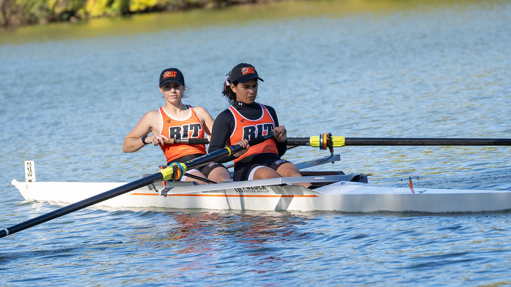 Rochester Institute of Technology double boat rowing in the Genesee River