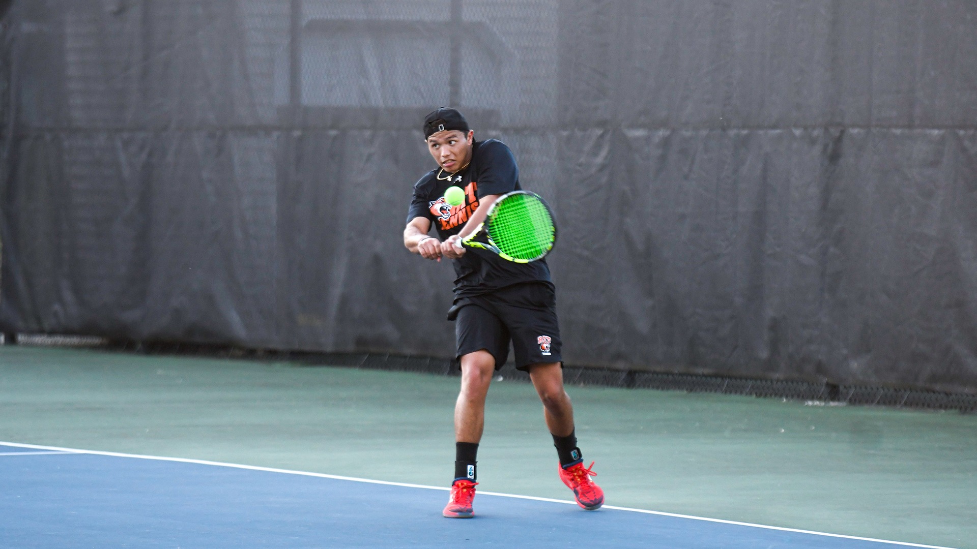 RIT’s Alec Turcotte, returned the ball with a forehand during match against Allegheny College. On Wednesday, Oct. 2, 2024, at the Outdoor Tennis Courts in Rochester, New York. RIT Men’s Tennis vs. Allegheny College. (Elizabeth Robertson/RITAthletics) 