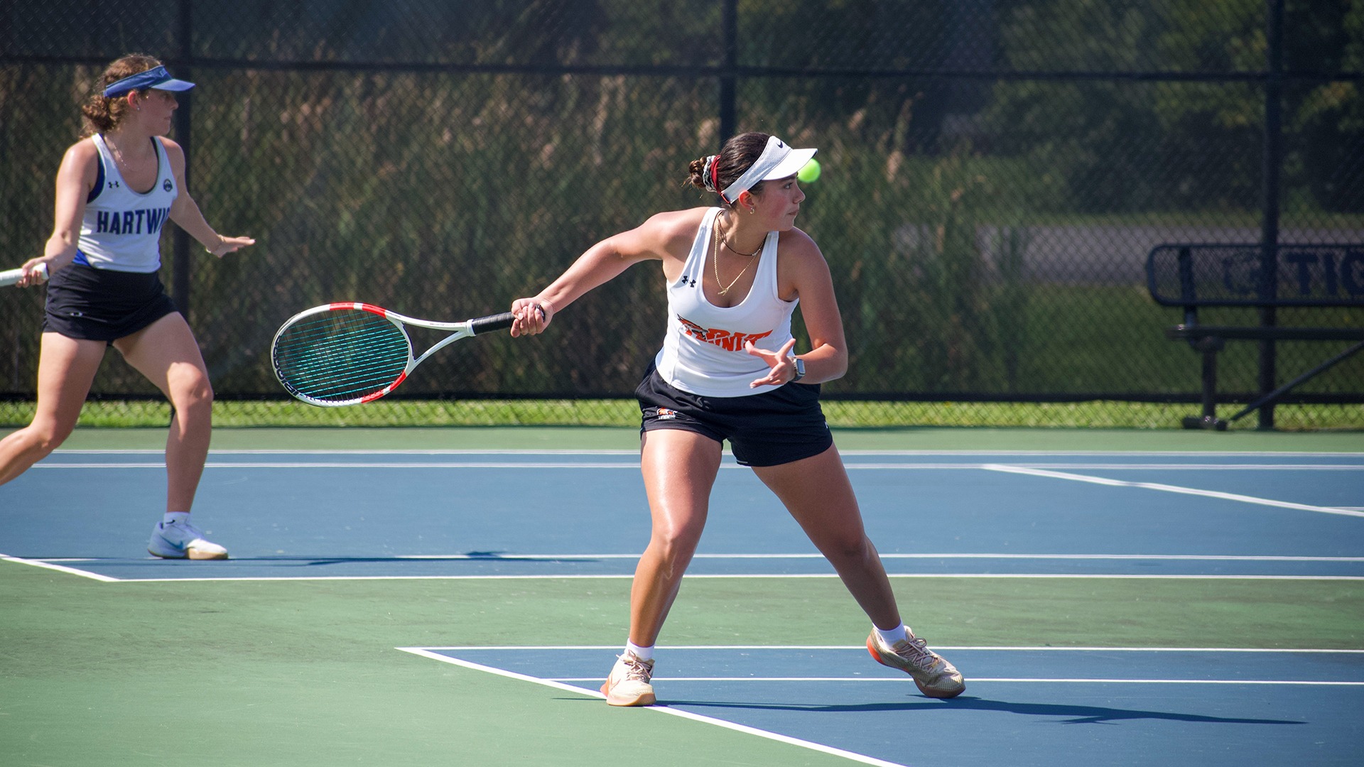 RIT’s Melanie Saborio, prepared to return the ball in match against Hartwick College on September 15, 2024 at the RIT Tennis Courts, Henrietta, N.Y.. RIT defeated Hartwick College 7-0. RIT Women’s Tennis vs Hartwick College. (Elizabeth Robertson/RIT Sports Network)