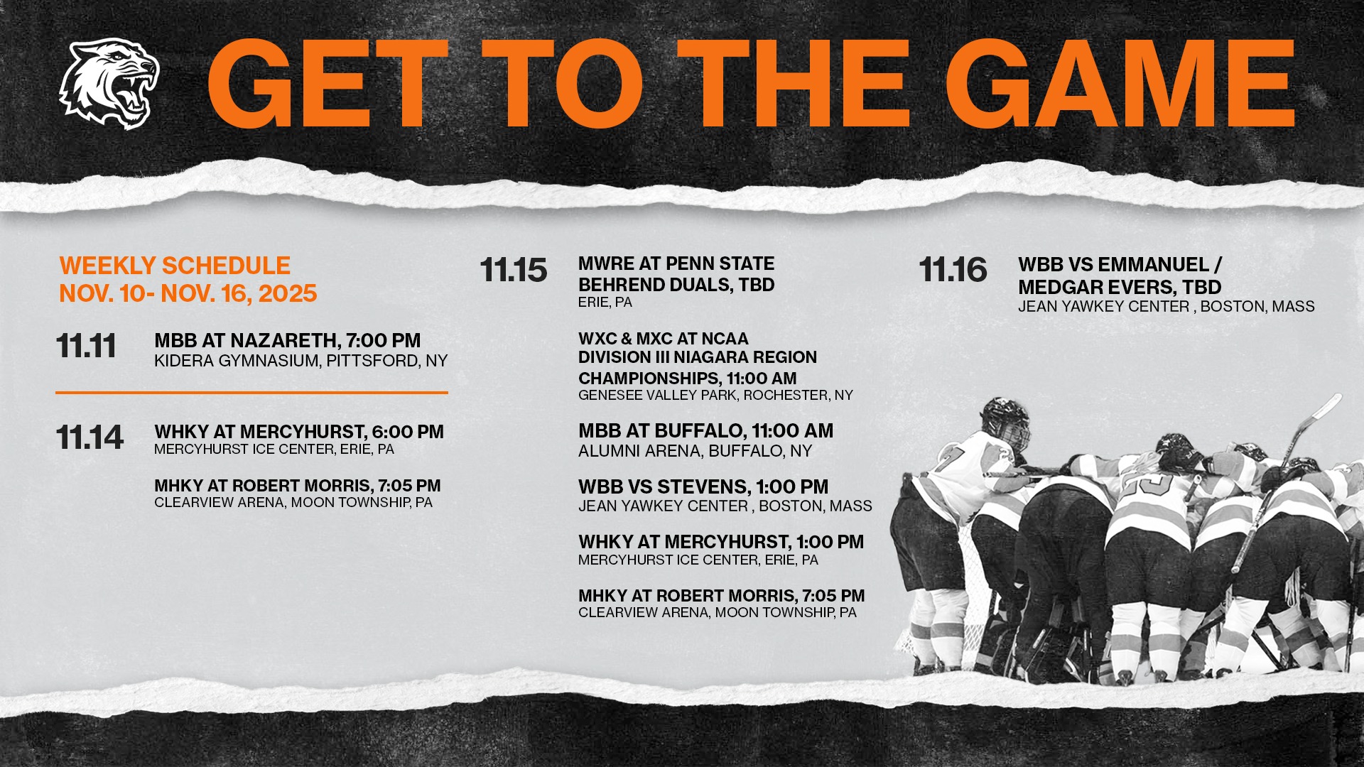 Upcoming schedule for Rochester Institute of technology athletics for the week of November 10 through 16, 2025