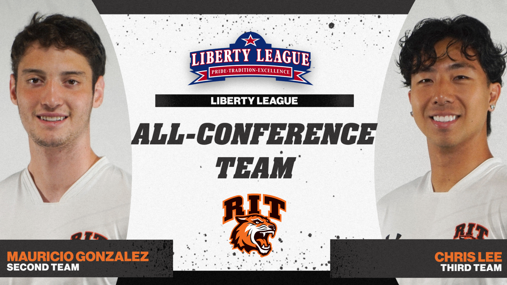 A graphic announcing the 2025 All-Liberty League selections with head shots of Mauricio Gonzalez and Chris Lee