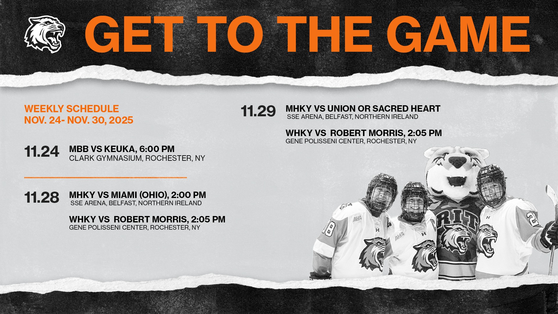Upcoming schedule for Rochester Institute of technology athletics for the week of November 24 through 30, 2025