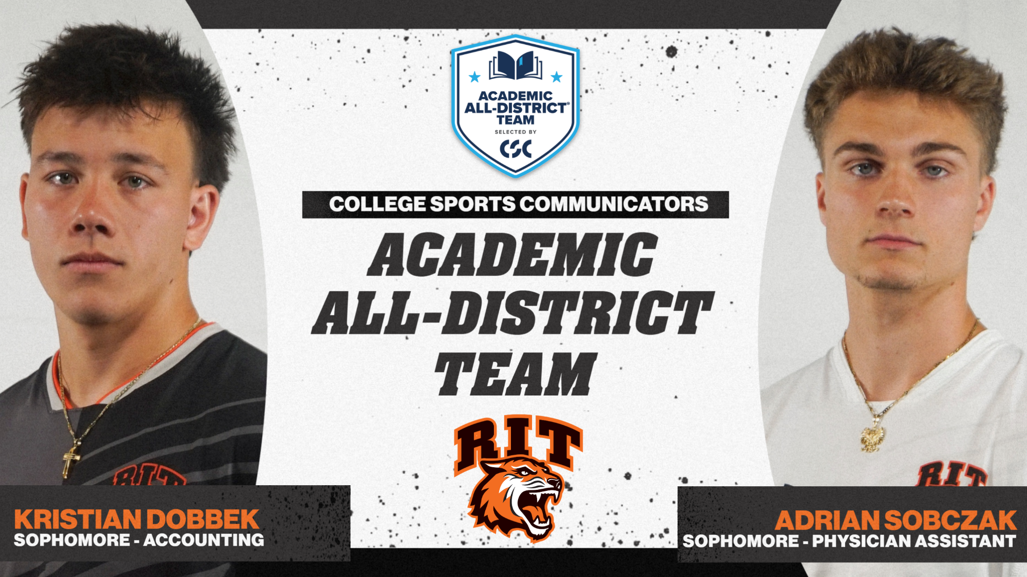 A graphic announcing men's soccer academic all-district with head shots of Dobbek and Sobczak
