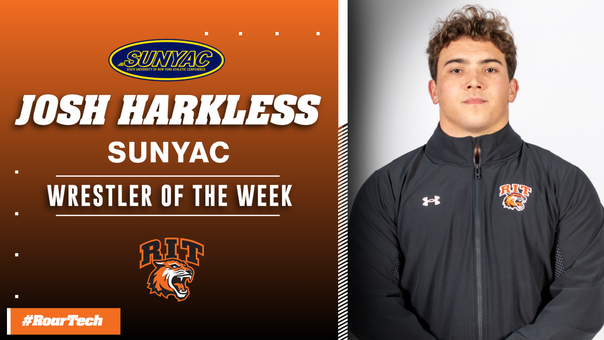 A graphic announcing the SUNYAC Wrestler of the Week which includes a head shot of Josh Harkless