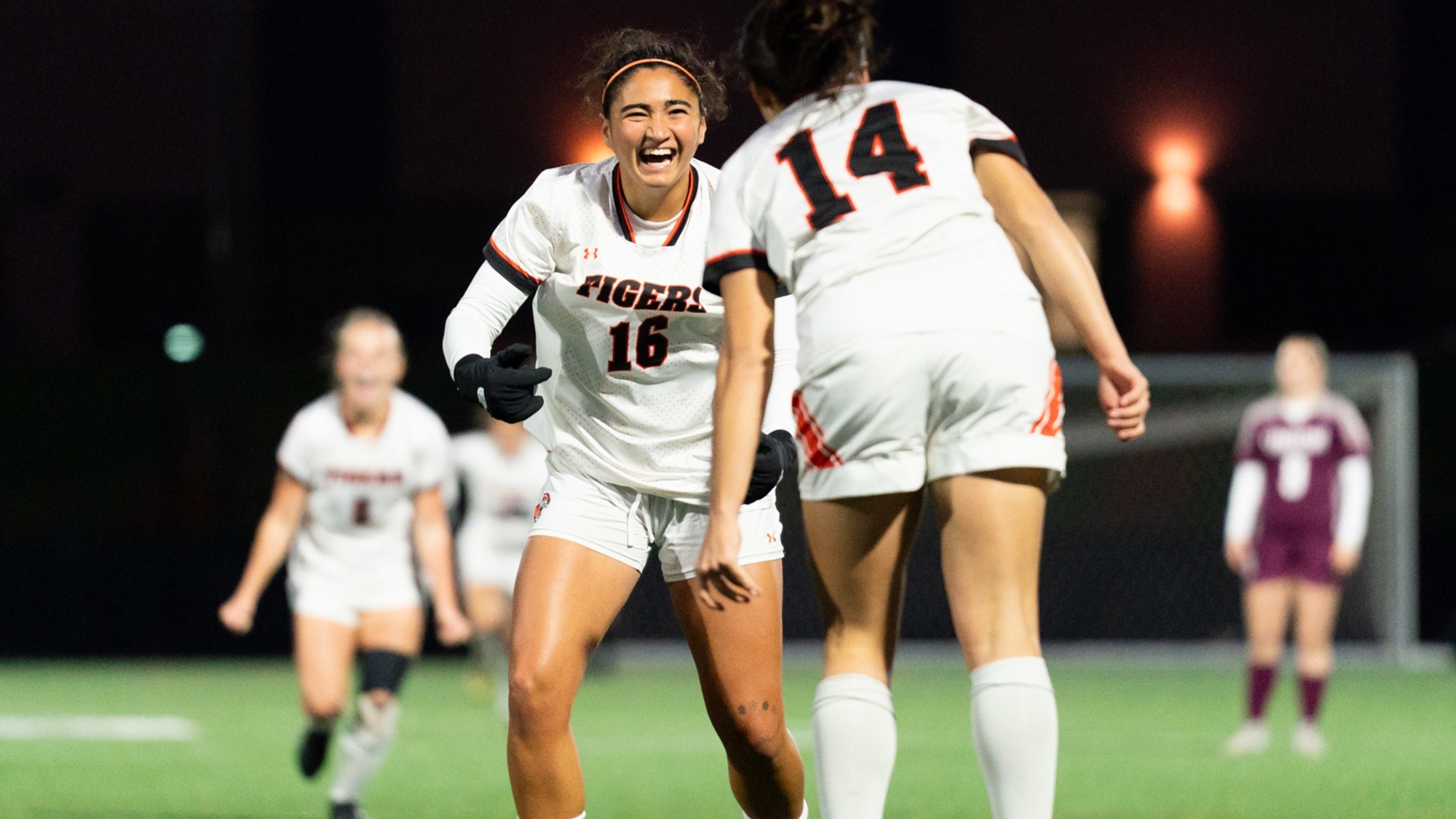 Rochester Institute of Technology women's soccer players celebrate scoring a goal in a game against Union on Tuesday, November 4, 2025
