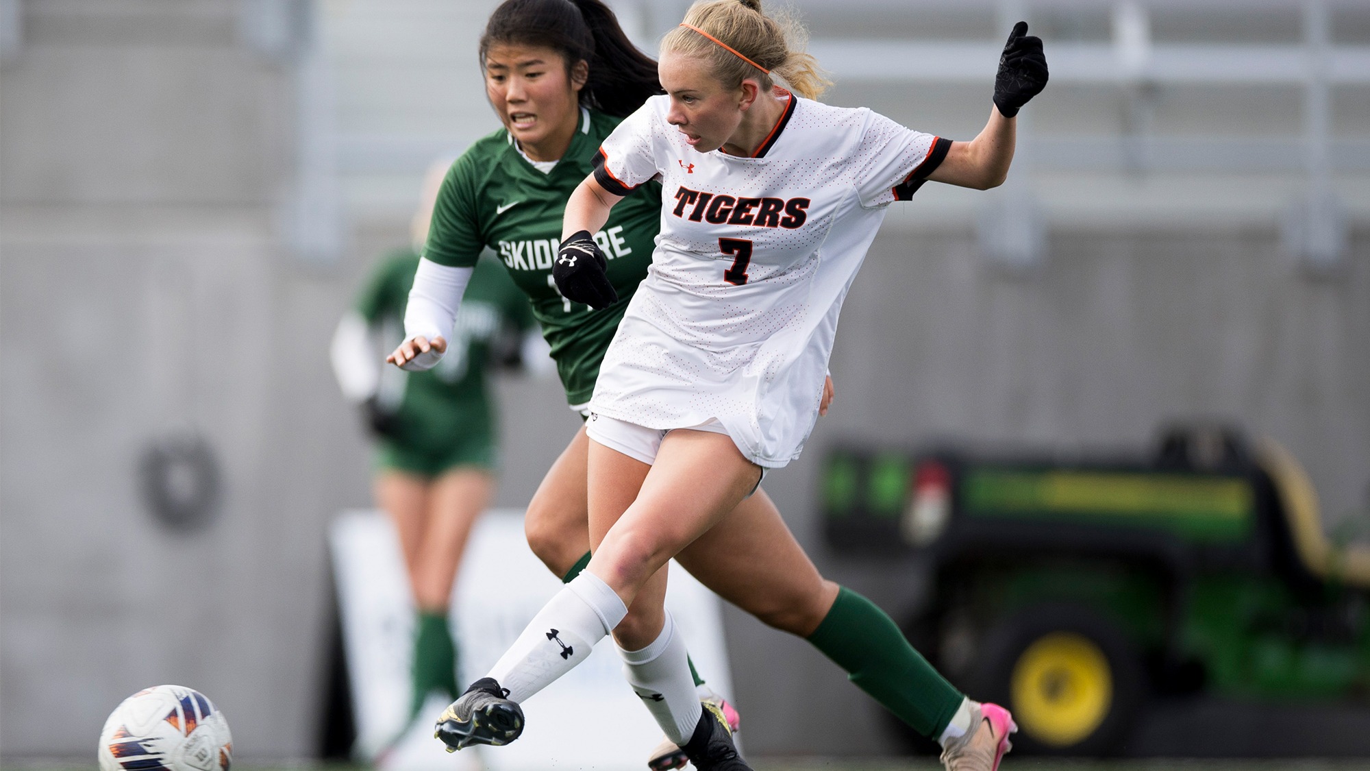 A women's soccer player for Rochester Institute of Technology scores a goal in a game against Skidmore on Saturday, November 1, 2025