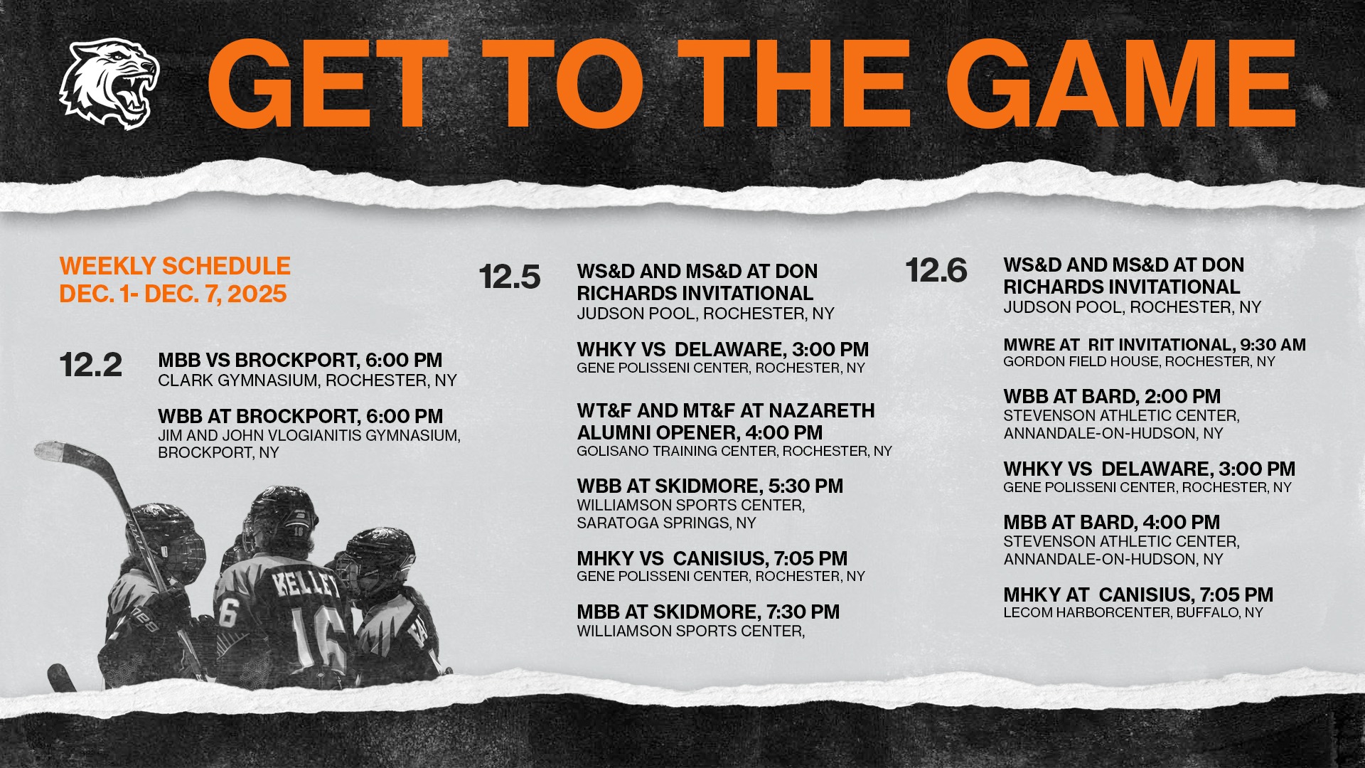 Upcoming schedule for Rochester Institute of technology athletics for the week of December 1 through 7, 2025