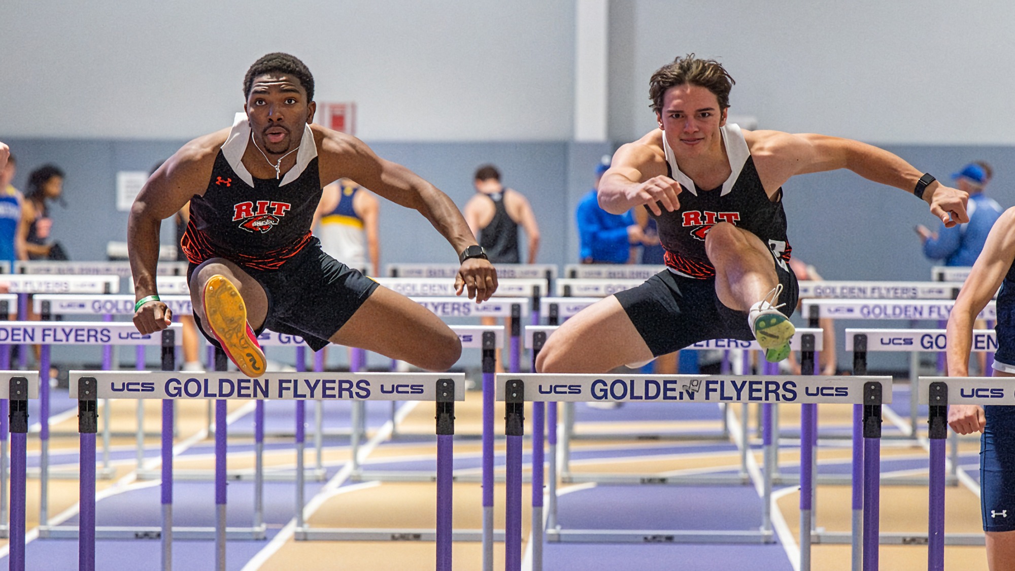 Two Rochester Institute of Technology men's hurdlers race at the Nazareth Alumni Opener on Friday, December 5, 2025 