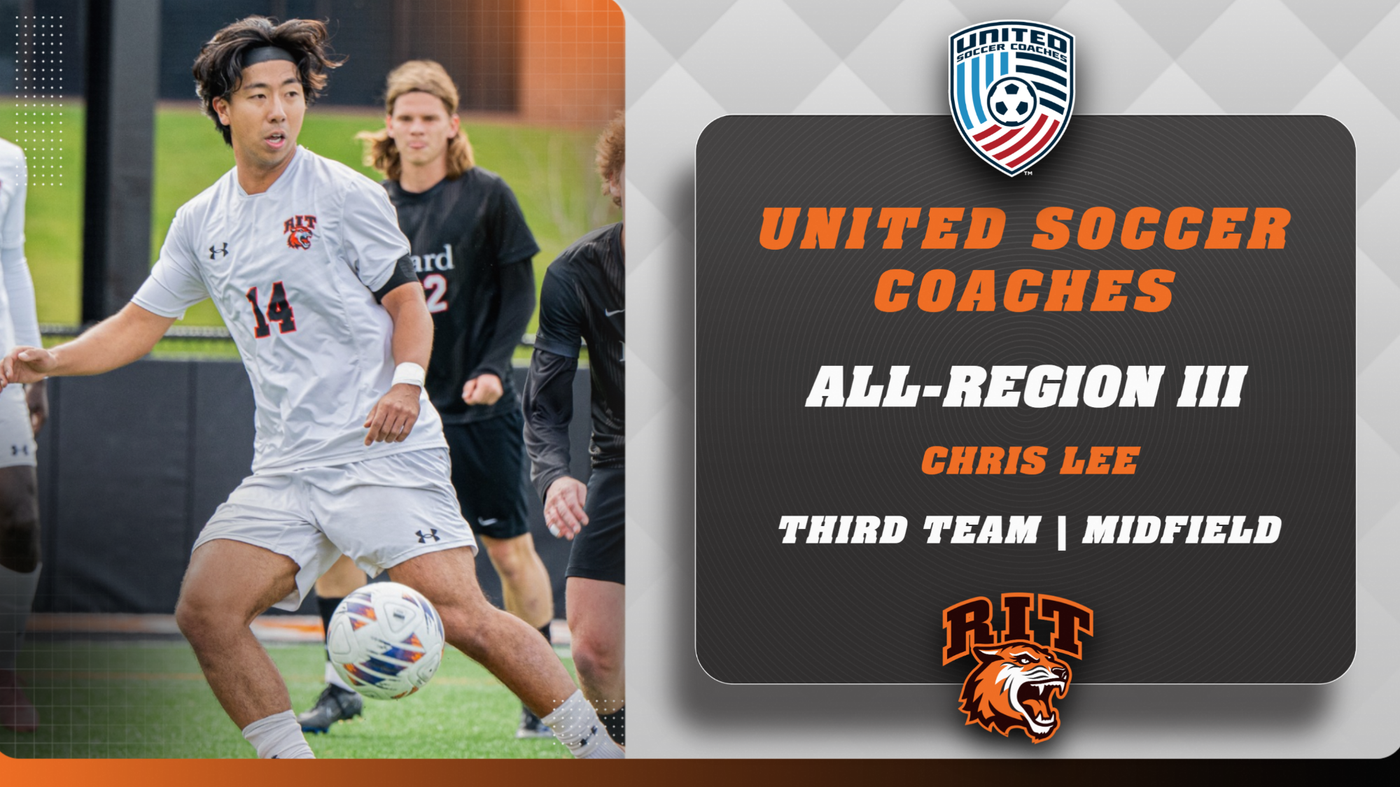 A graphic announcing Chris Lee as a USC All-Region selection with an action photo of Lee dribbling the ball