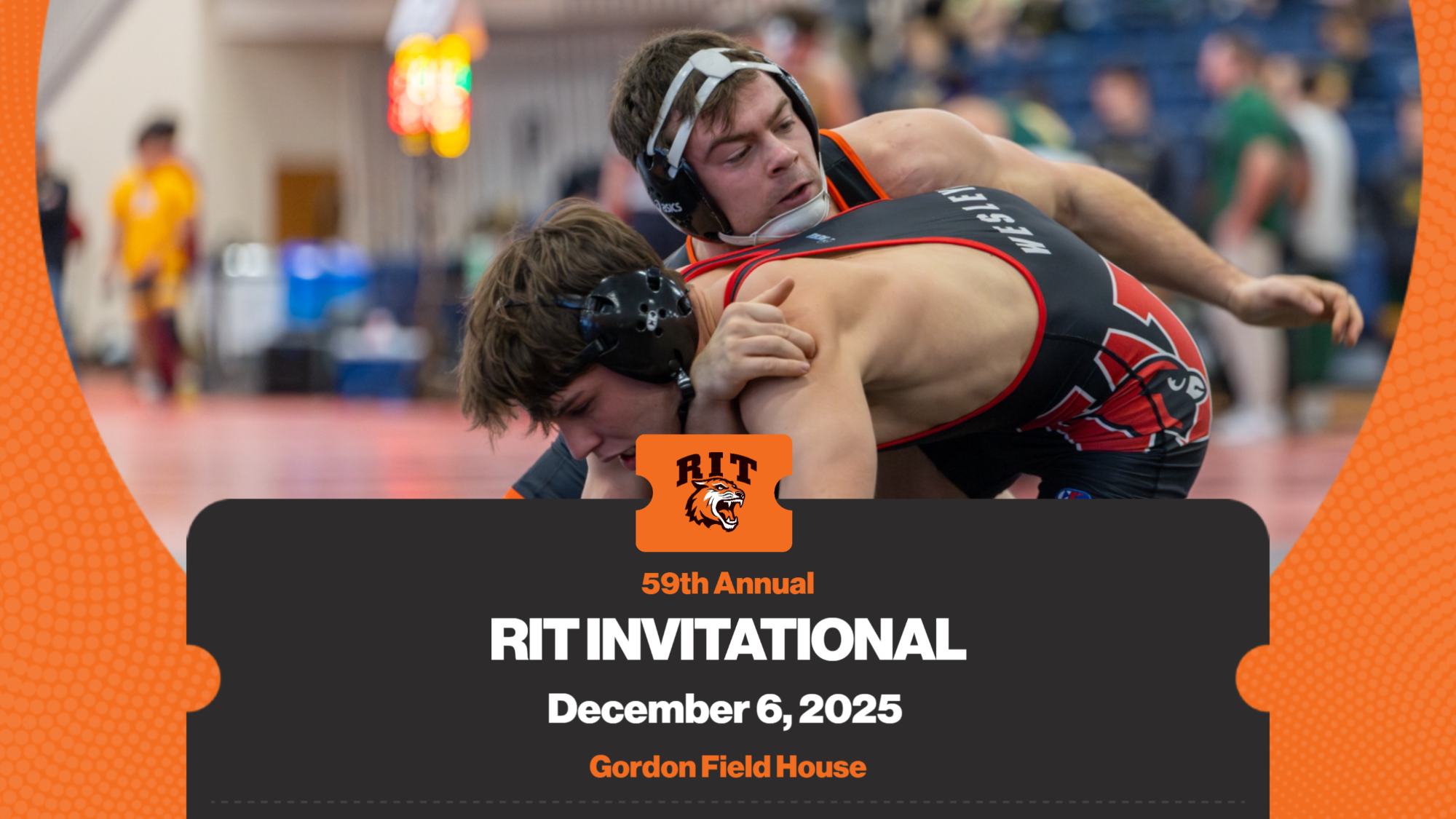 A graphic for the RIT Wrestling Invitational with an action photo of Zach Swyers