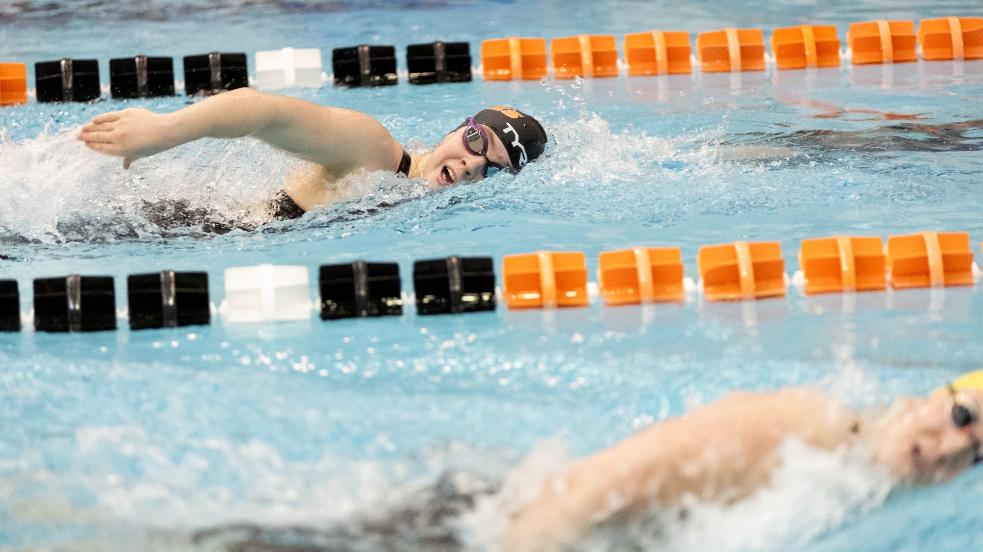 RIT women’s swim on Friday, Dec. 5, 2025 at Judson Pool in Henrietta, N.Y. RIT men’s and women’s swim compete at the Don Richards Invitational. (Rebecca Villagracia/RIT Sports Network)