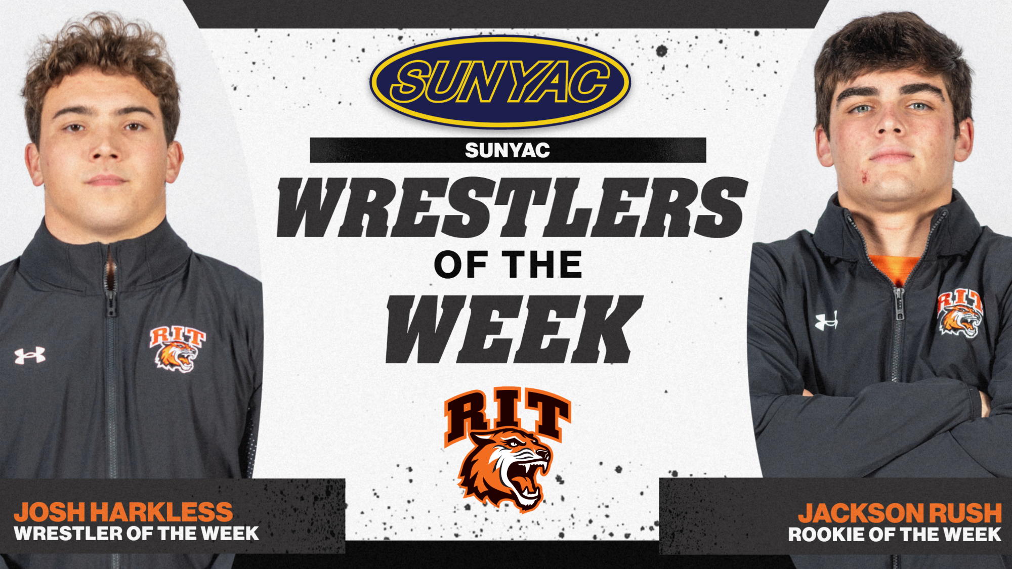 A graphic announcing Josh Harkless and Jackson Rush receiving SUNYCA weekly honors with head shots of each