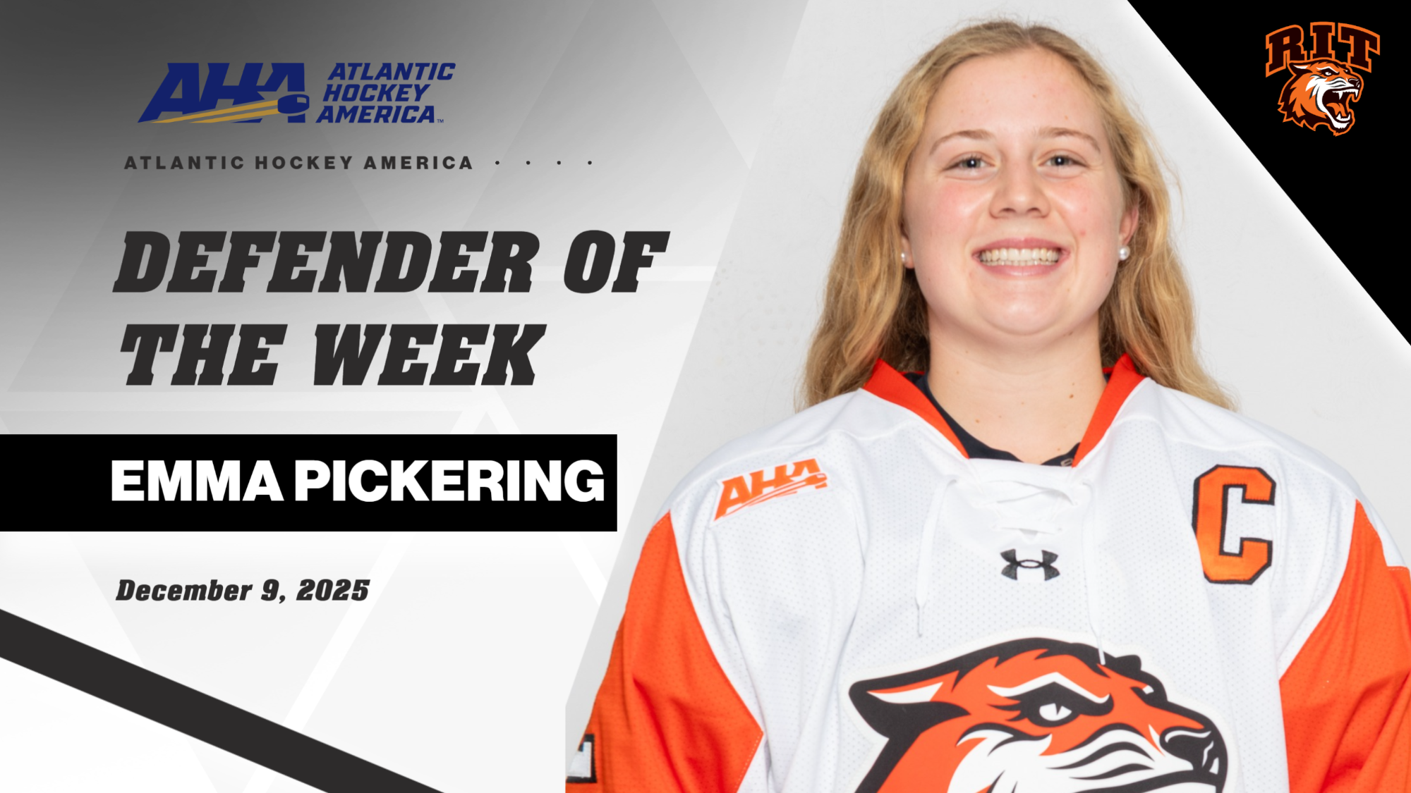 A graphic announcing Emma Pickering as the Dec. 9 AHA Defender of the Week with a headshot of Pickering