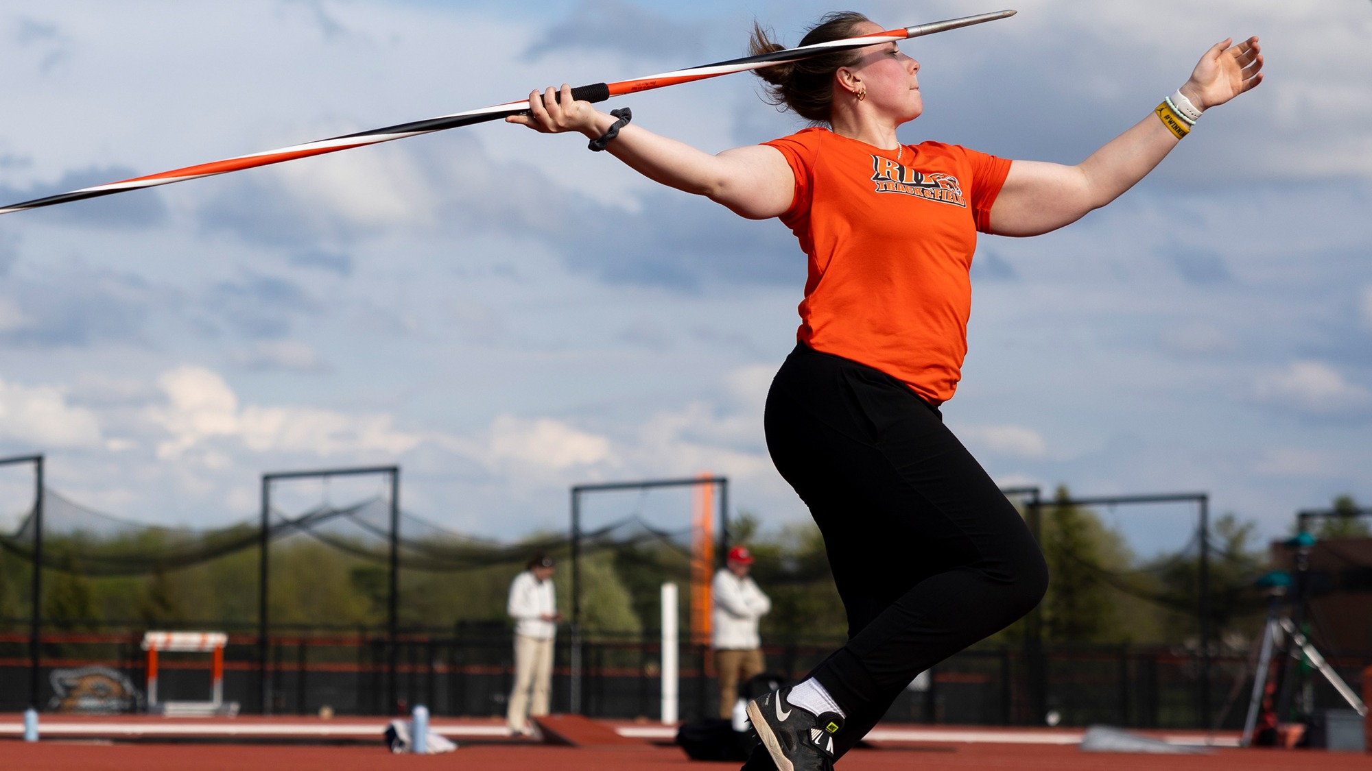 A Rochester Institute of Technology women's javelin thrower begins to throw at the 2025 Liberty League Championships
