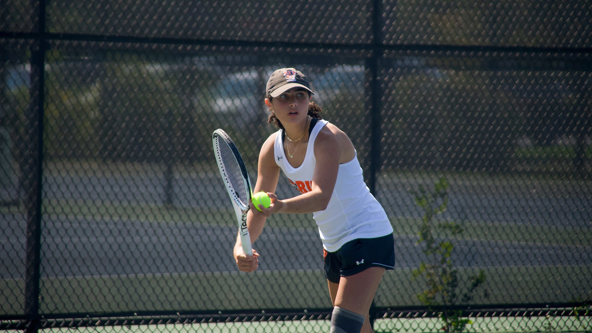 RIT’s Kira Kronenberg, prepared to serve the ball to opponent in match against Hartwick College on September 15, 2024 at the RIT Tennis Courts, Henrietta, N.Y.. RIT defeated Hartwick College 7-0. RIT Women’s Tennis vs Hartwick College. (Elizabeth Robertson/RIT Sports Network)