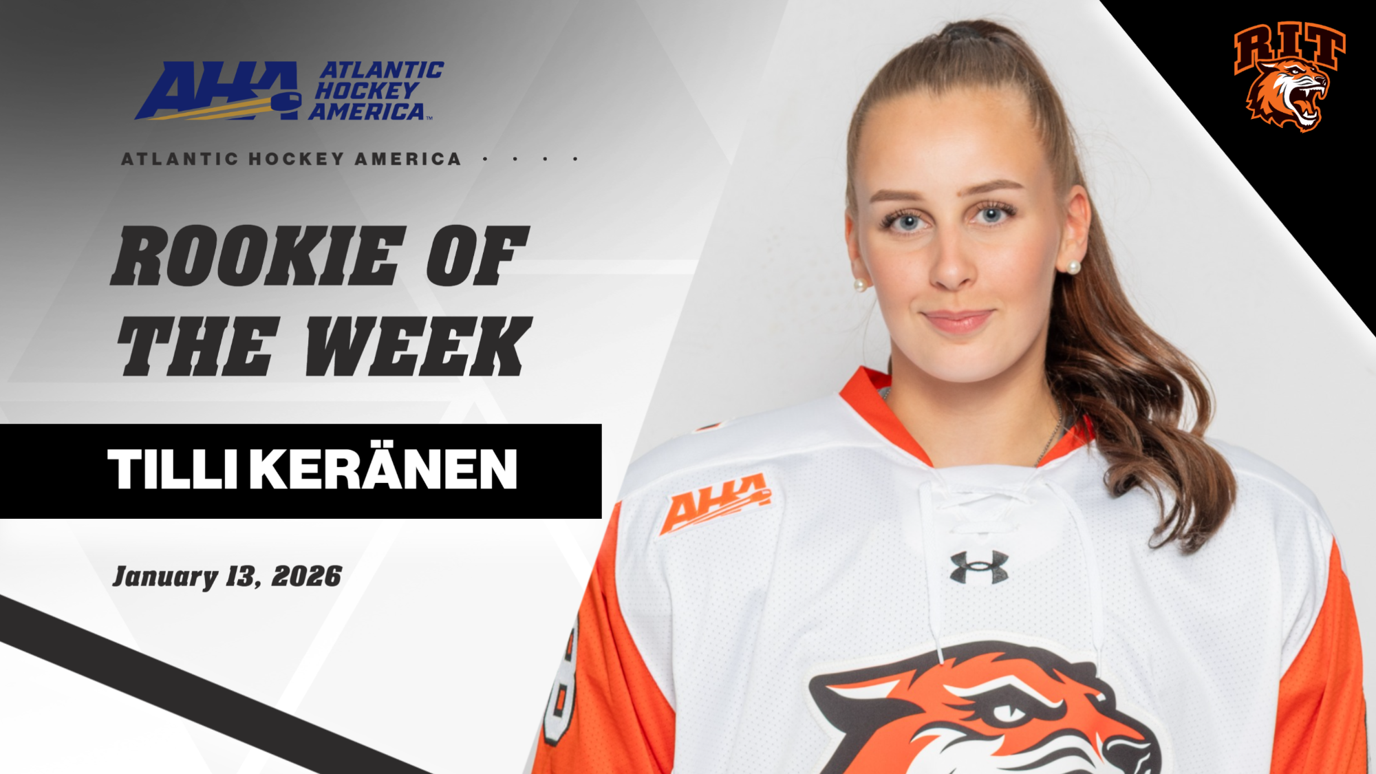 A graphic announcing Tilli Keranen as AHA Rookie of the Week for Jan. 13 with a head shot of Keranen