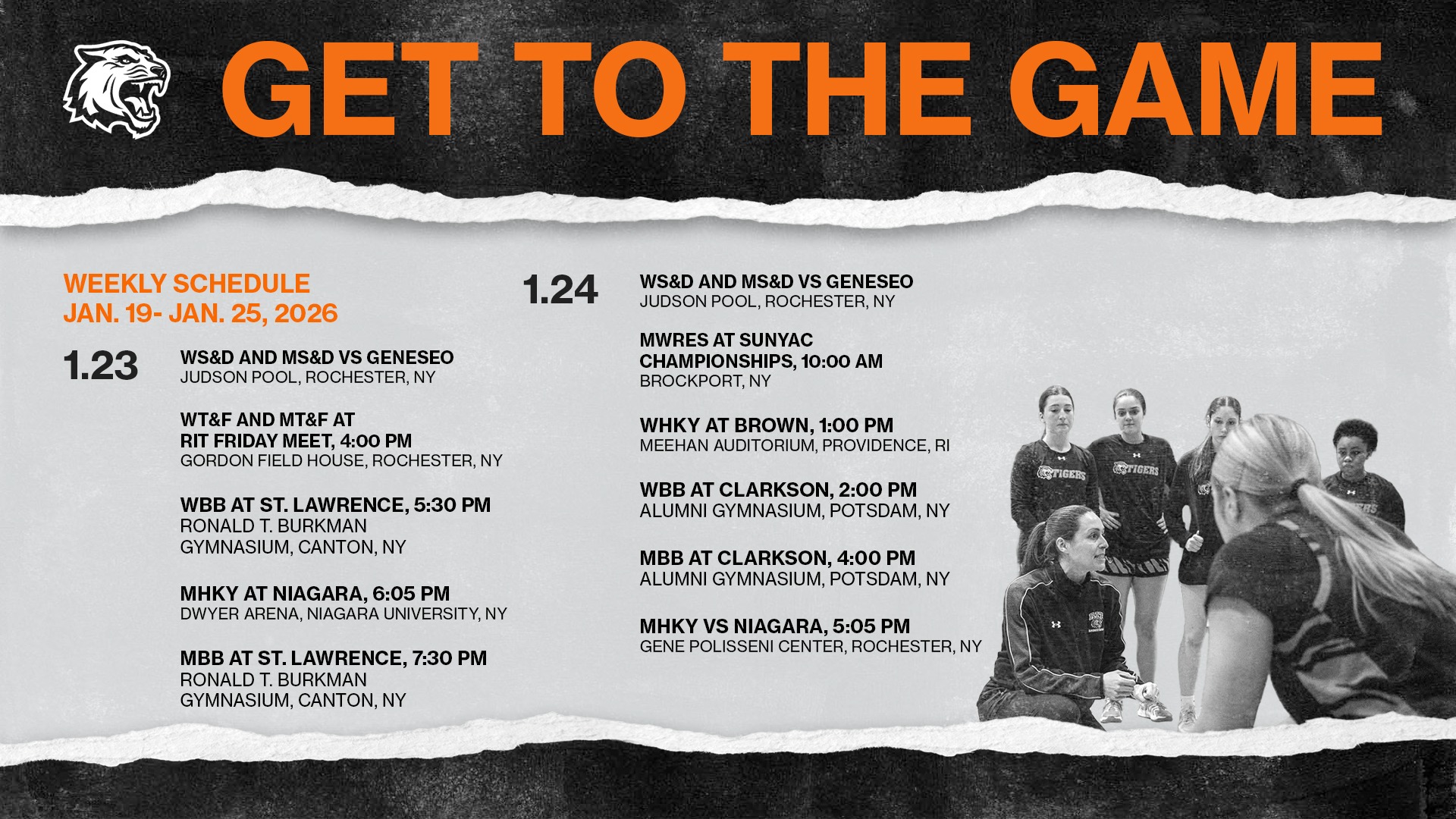 Upcoming schedule for Rochester Institute of technology athletics for the week of January 19 through 25, 2026