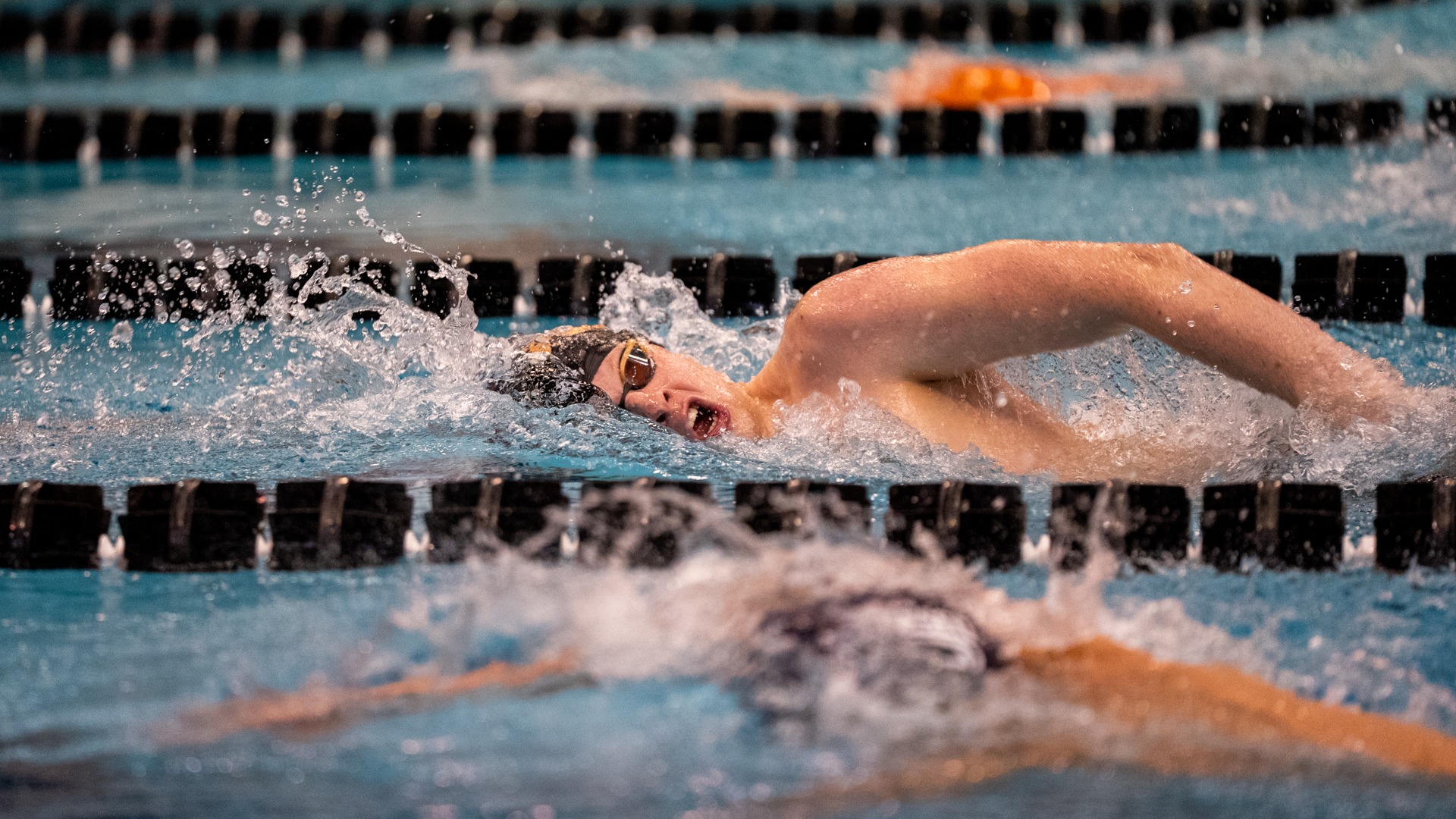 A Rochester Institute of Technology men's swimmer competes in a race against Geneseo on Friday, January 23, 2026