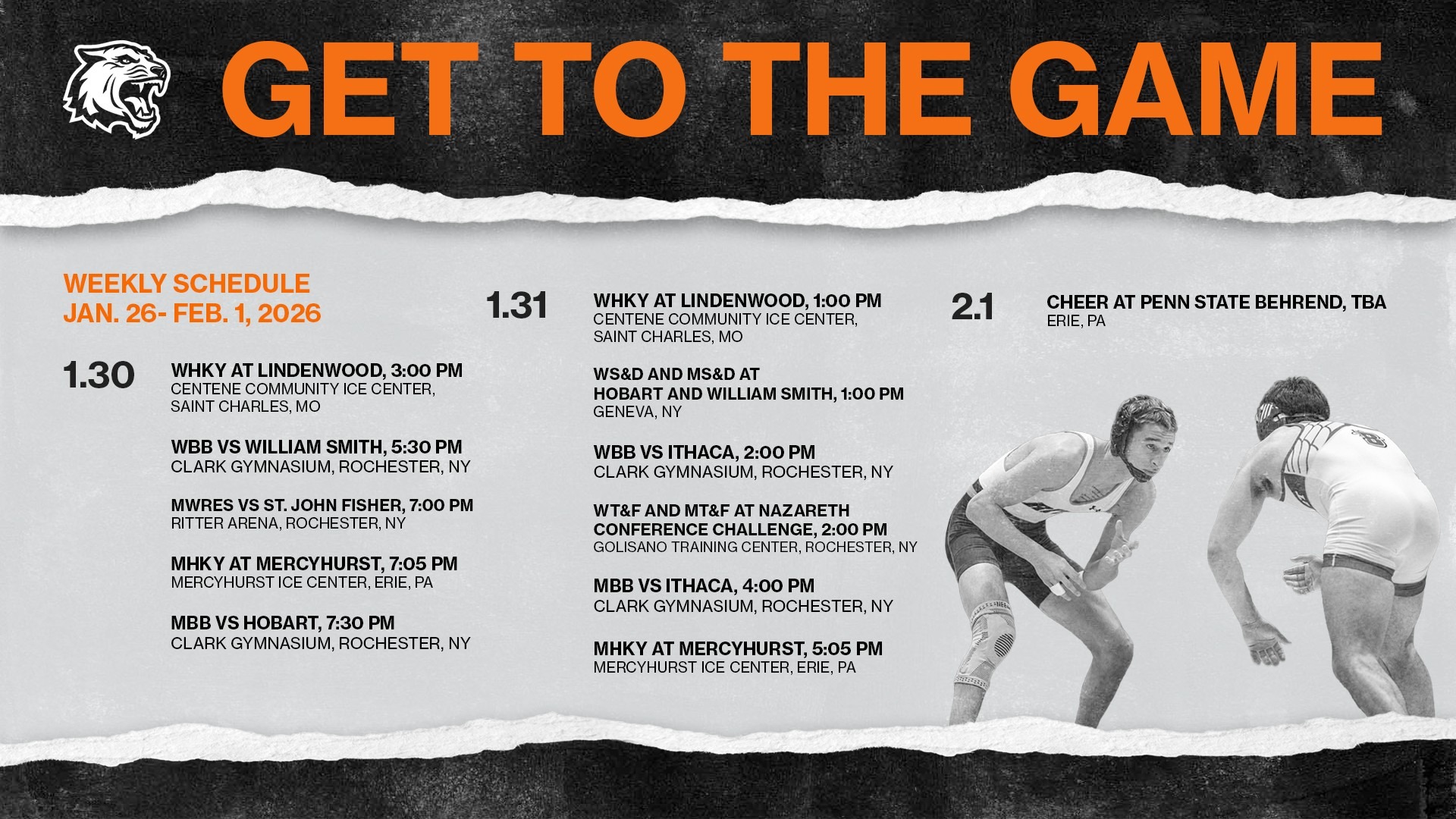 Upcoming schedule for Rochester Institute of technology athletics for the week of January 26 through February 1, 2026