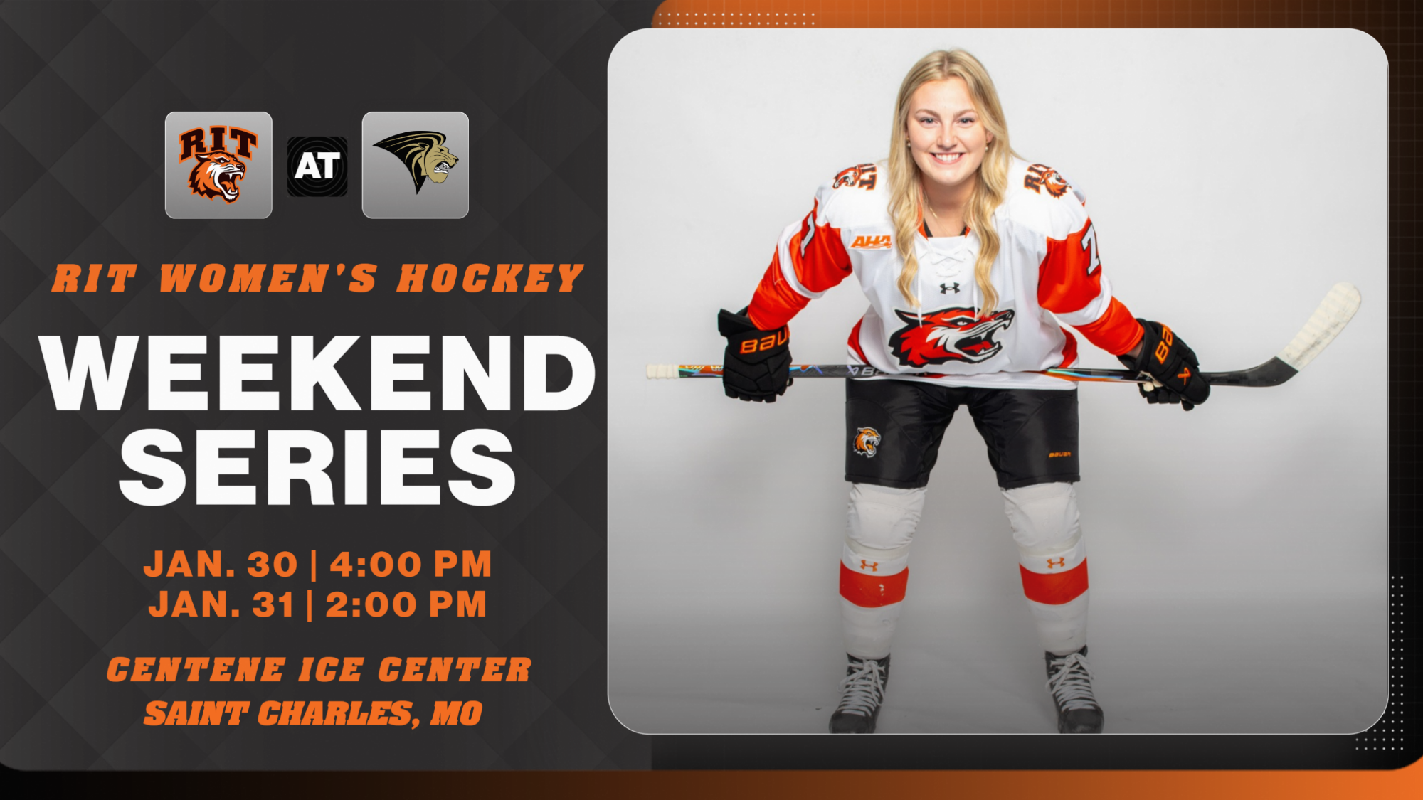 A graphic previewing the women's hockey series at Lindenwood