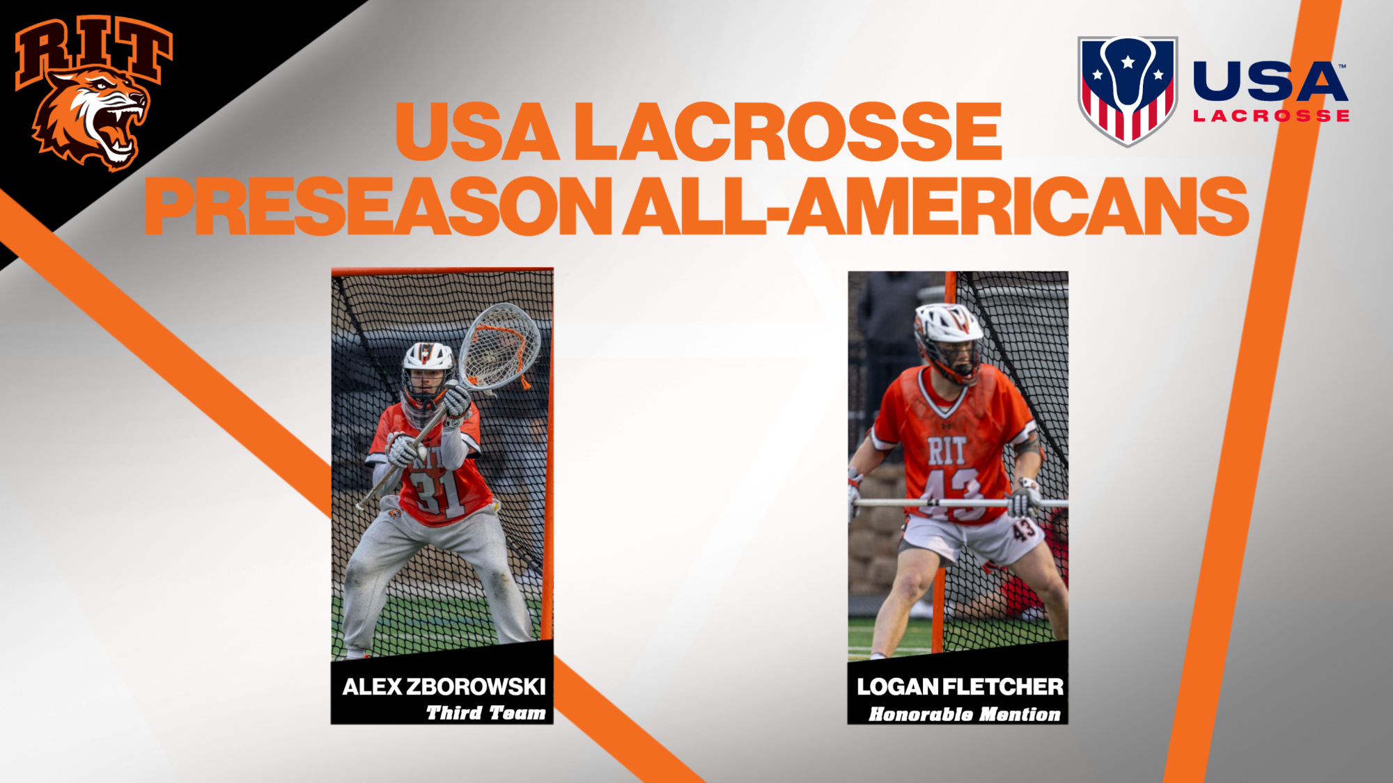 A graphic announcing two USA Lacrosse Preseason All-Americans with action photos of Alex Zborowski and Logan Fletcher