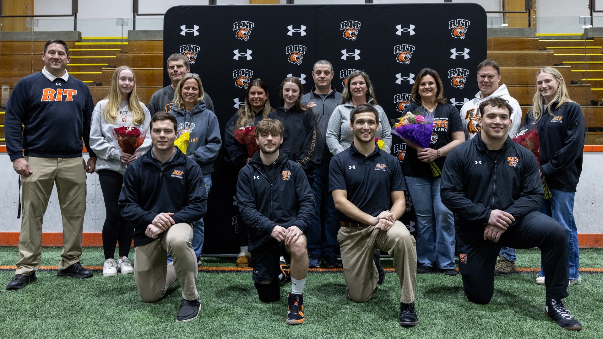 A photo of the wrestling class of 2026 prior to Senior Night 