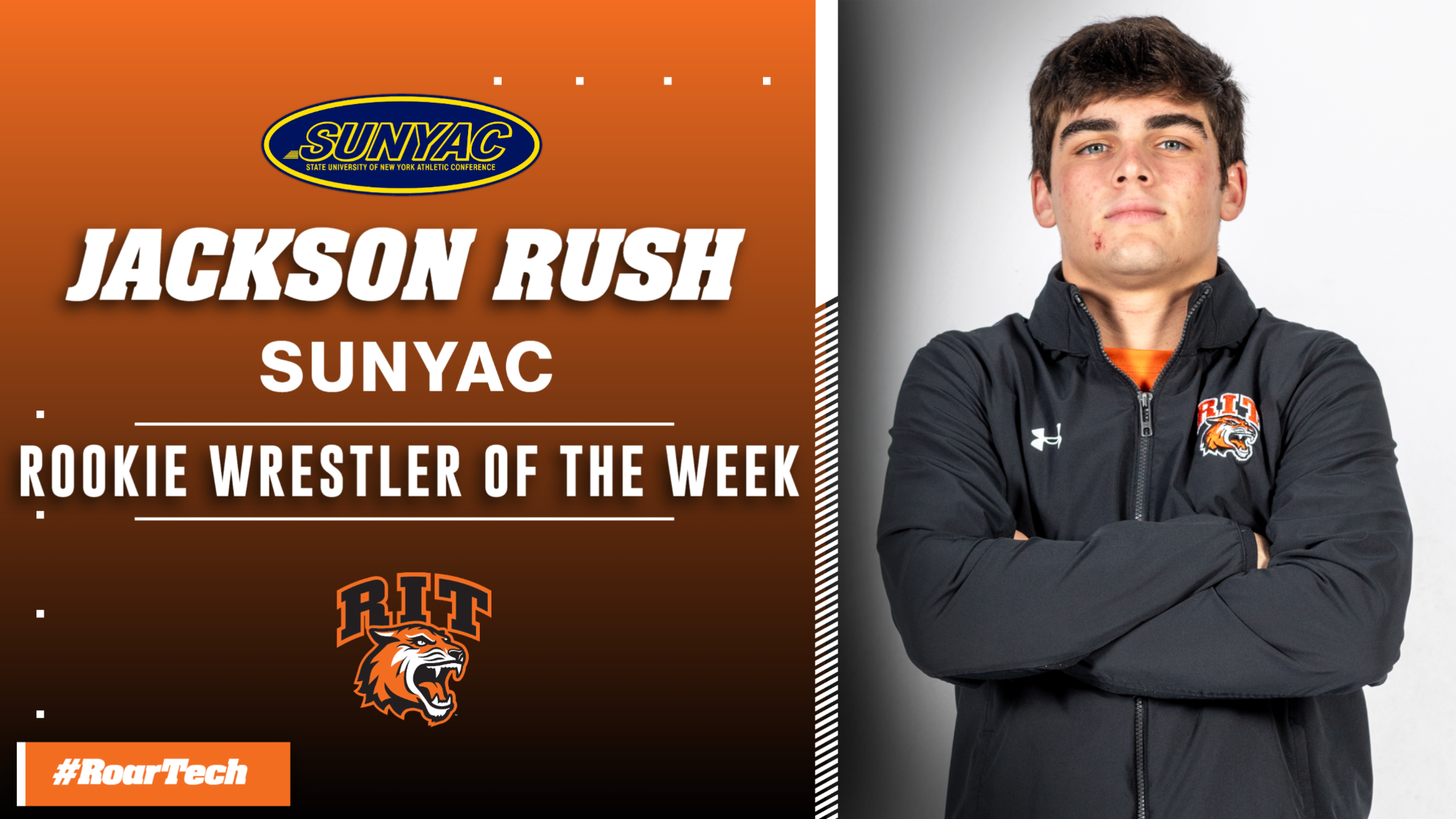 A graphic announcing Jackson Rush as the SUNYAC Rookie of the Week on Jan. 5, 2026