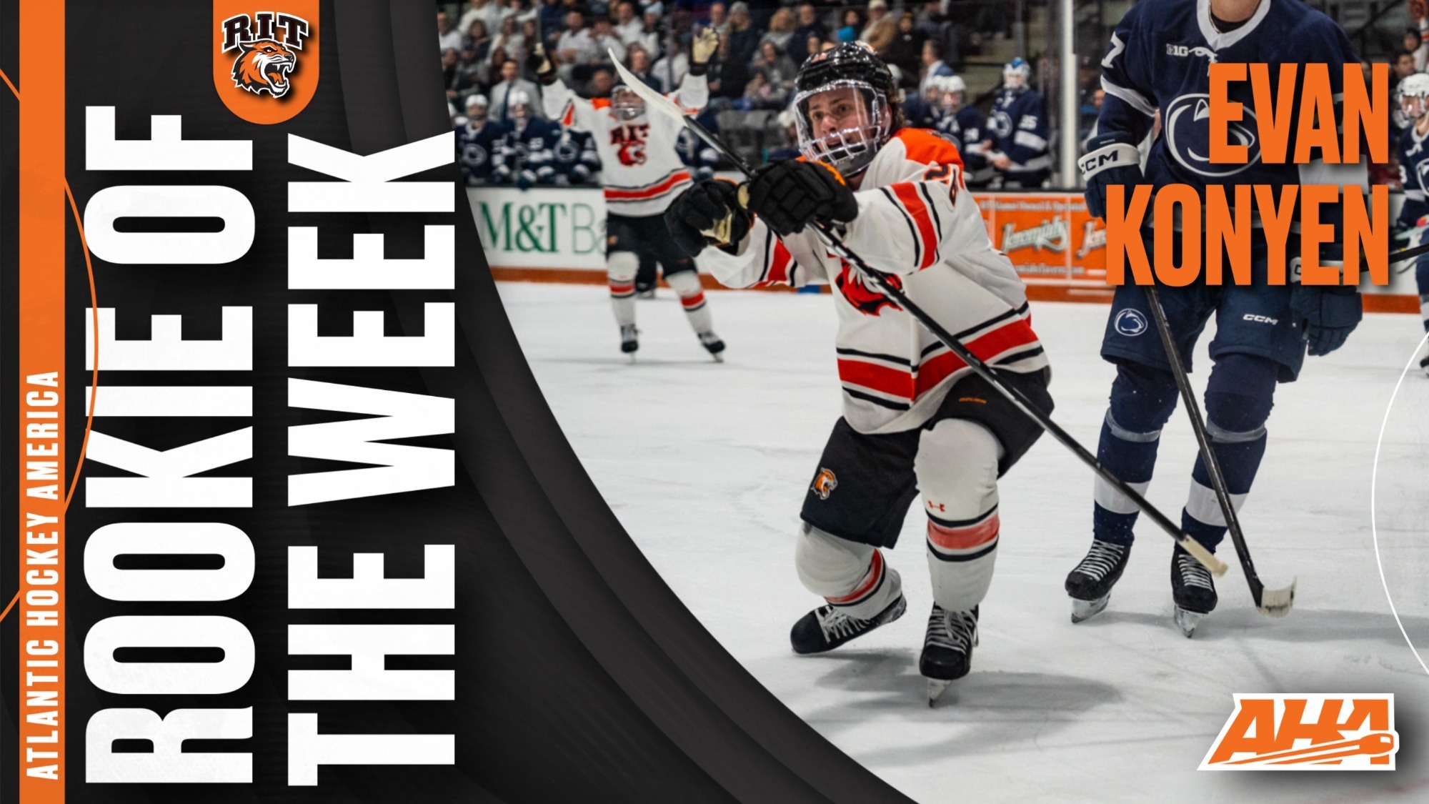 an Atlantic Hockey America rookie of the week graphic