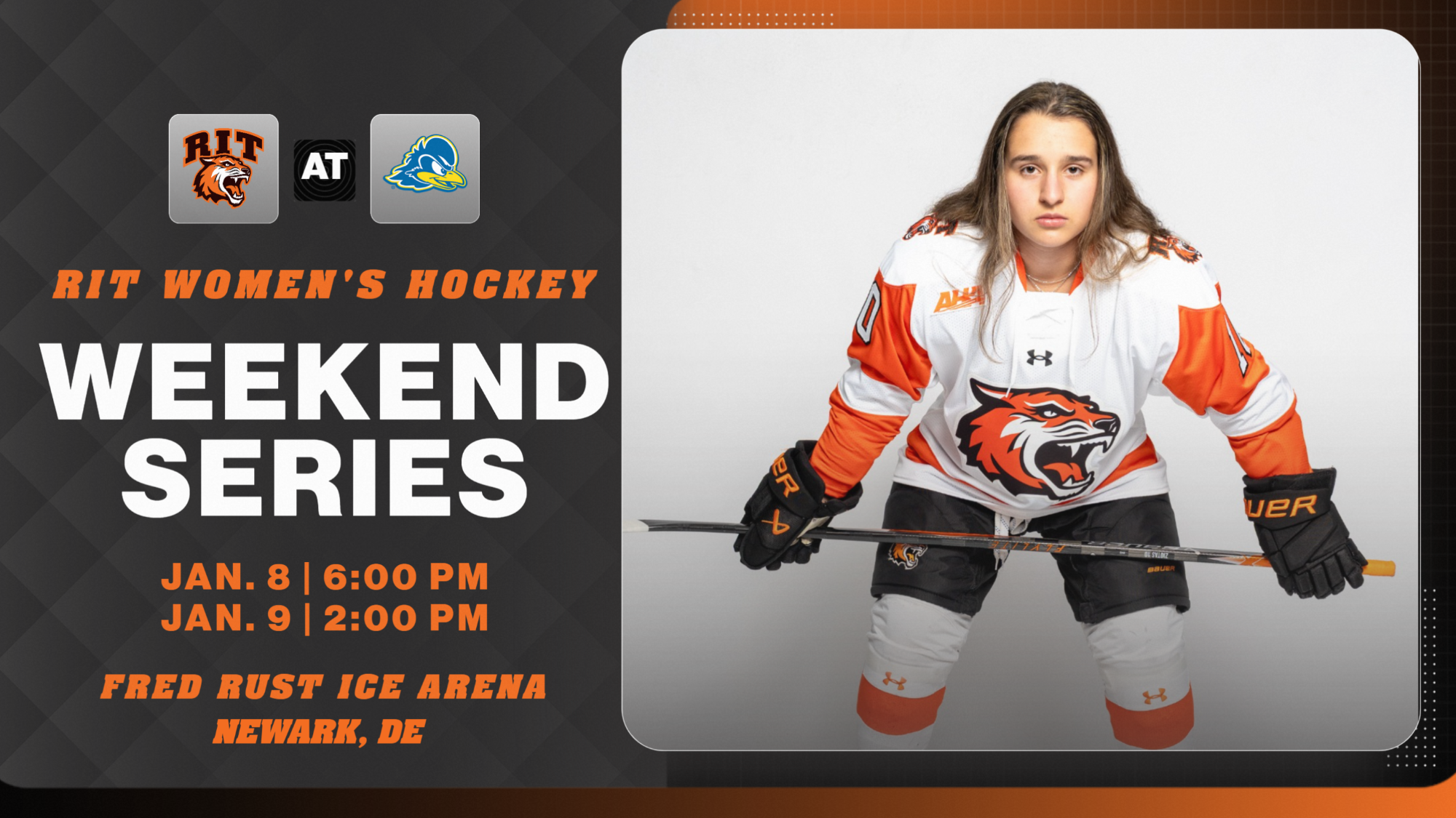 A graphic promoting the women's hockey games at Delaware with a posed action shot of Zoe Ziotas