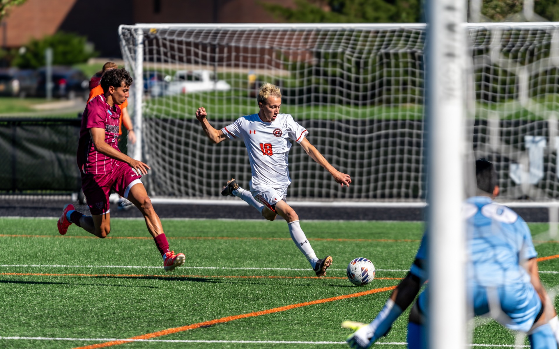 RIT's Eoin Stansfield, #18, taking a shot on goal on Saturday, Oct. 3, 2026, at Thomas Fearey Judson Jr. Stadium. RIT Athletics / Cole Quinones.