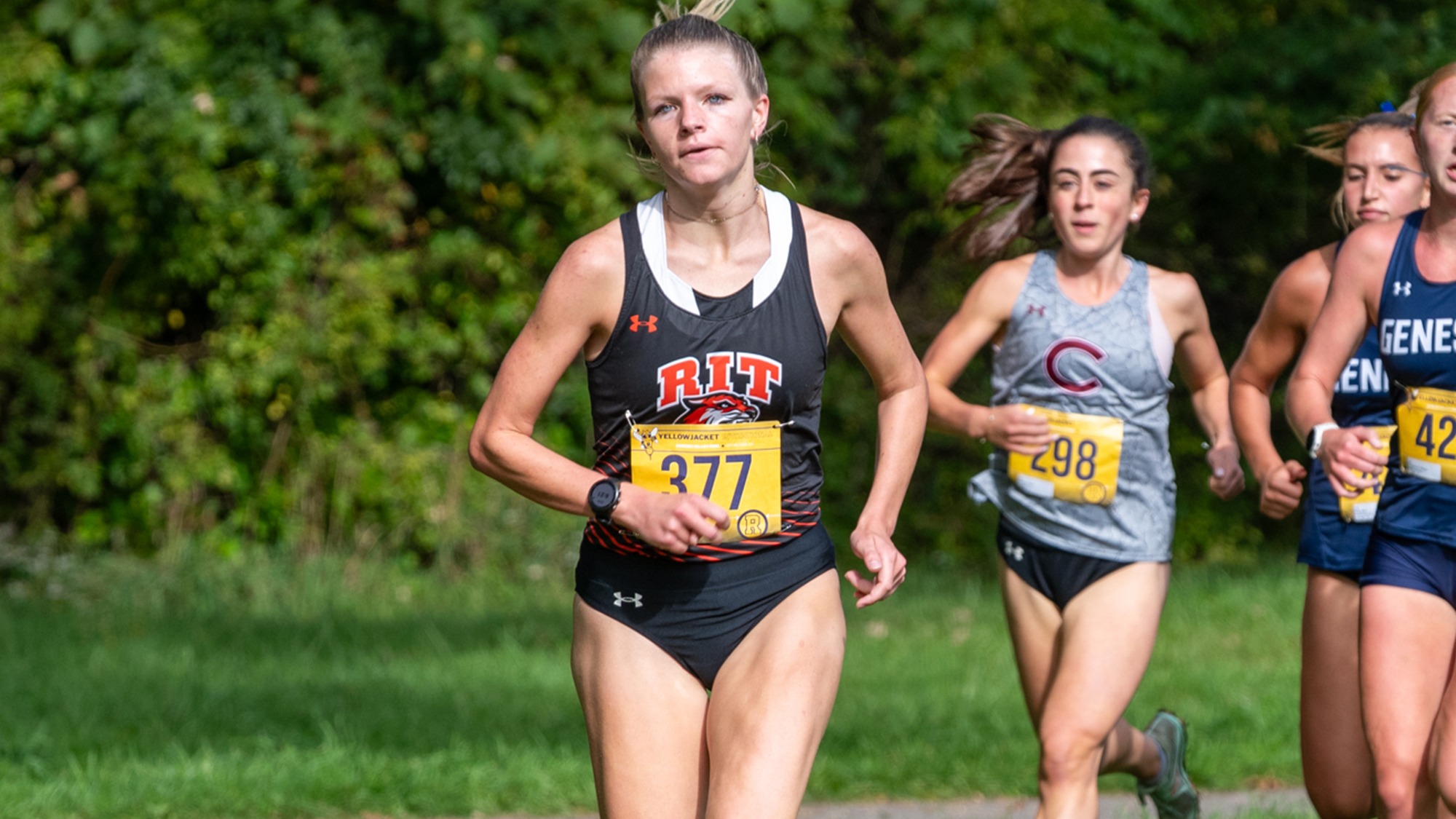RIT women's cross country runner Rachel Ladd races on Saturday, Sept. 19, 2026, at Genesee Valley Park. RIT Athletics / Elizabeth Robertson.