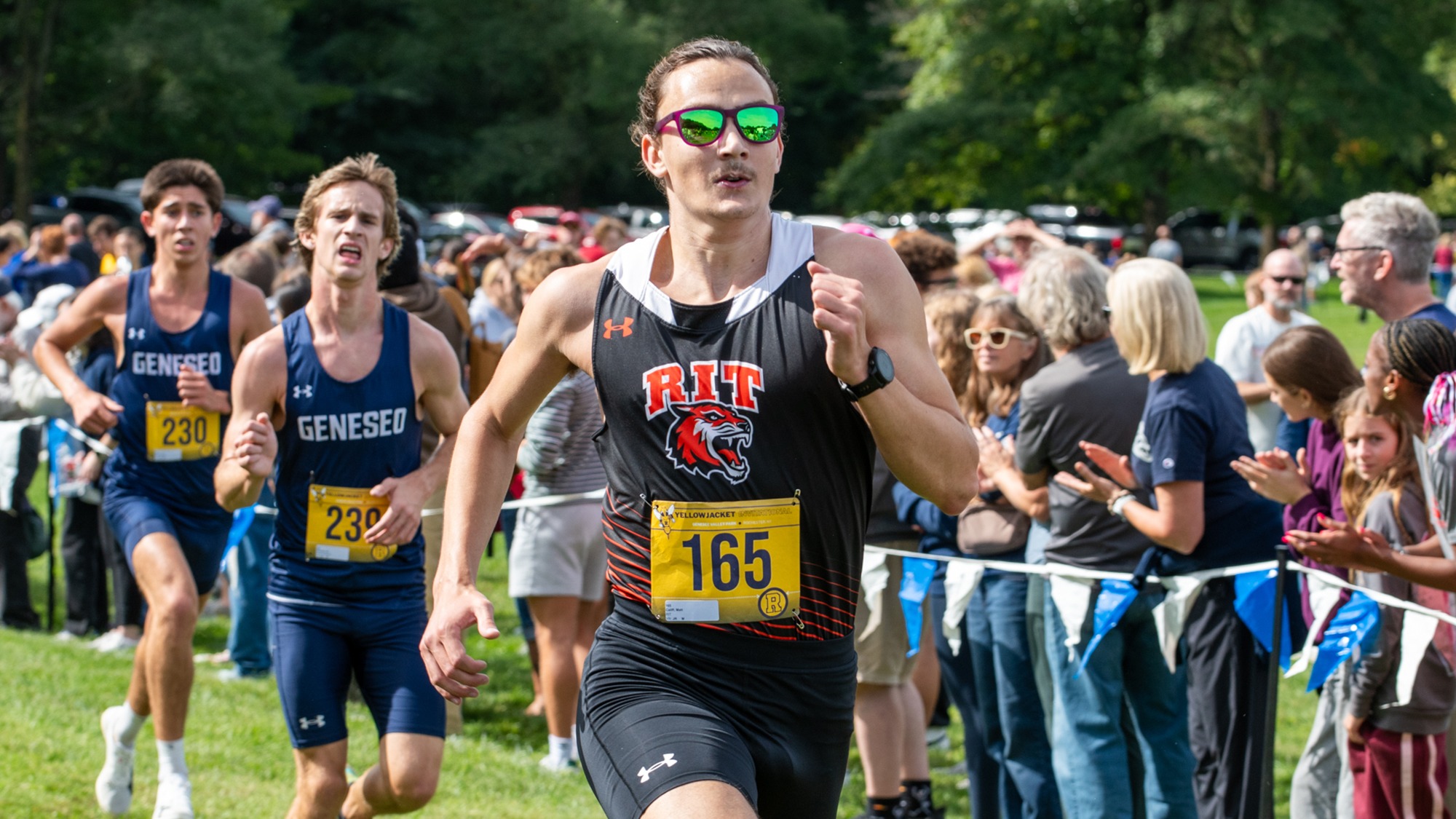 RIT men's cross country runner Matthew Califf nears the finish line on Saturday, Sept. 19, 2026, at Genesee Valley Park. RIT Athletics / Elizabeth Robertson. 