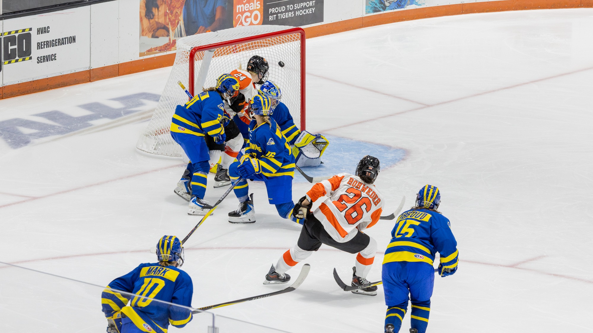 RIT's Heron Rohweder, #26, scoring on Delaware on Saturday, Oct. 10, 2026, at Gene Polisseni Center. RIT Athletics / Grace Taberski.