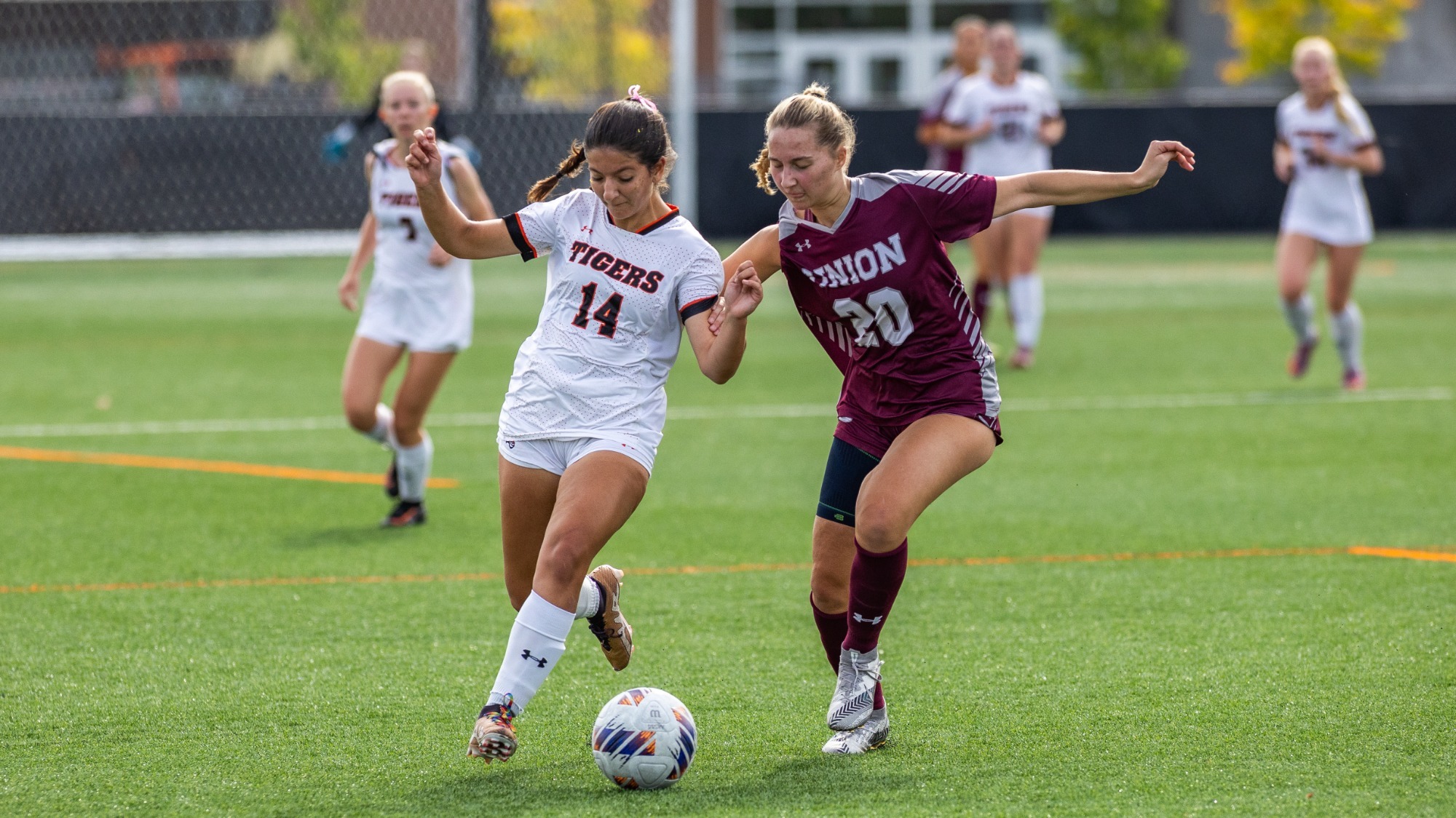RIT's Sarah Tawaf, #14, races for the ball on Saturday, Oct. 10, 2026, at Thomas Fearey Judson Jr. Stadium. RIT Athletics / Maximus Andrade.