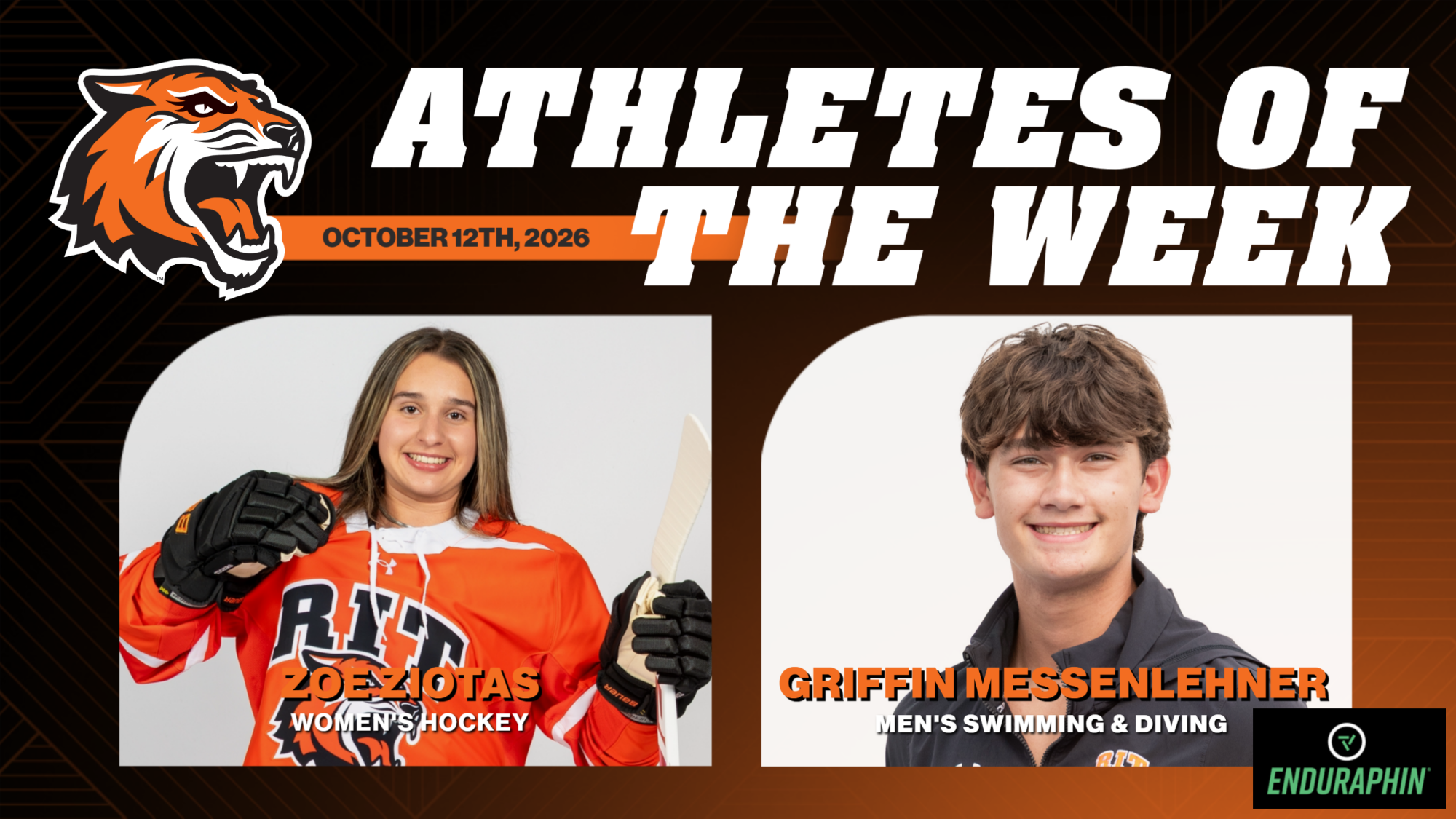 RIT Athlete of the Week graphic for Oct. 13, 2026 with posed shots of Zoe Ziotas and Griffin Messenlehner