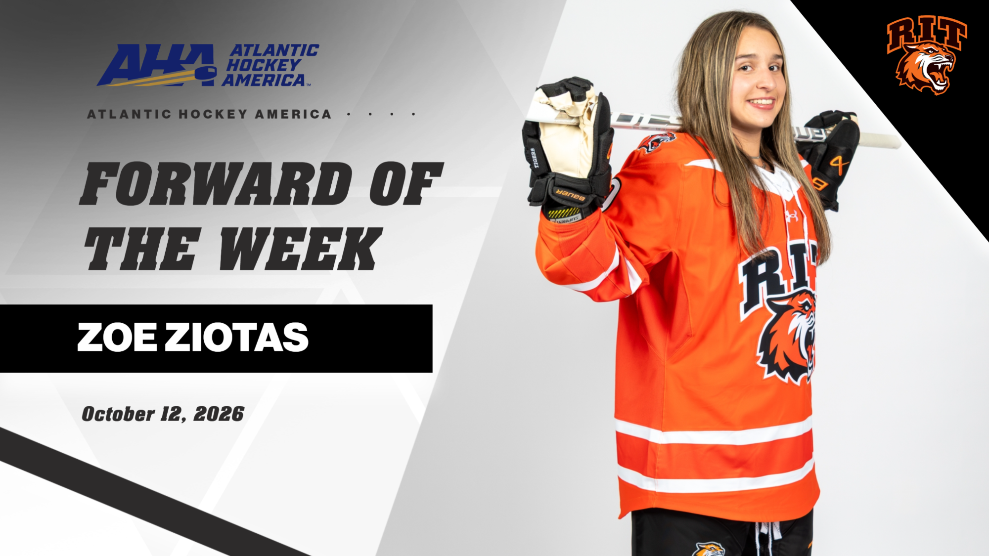 A graphic announcing Zoe Ziotas as the AHA Women's Hockey Forward of the Week on Oct. 12