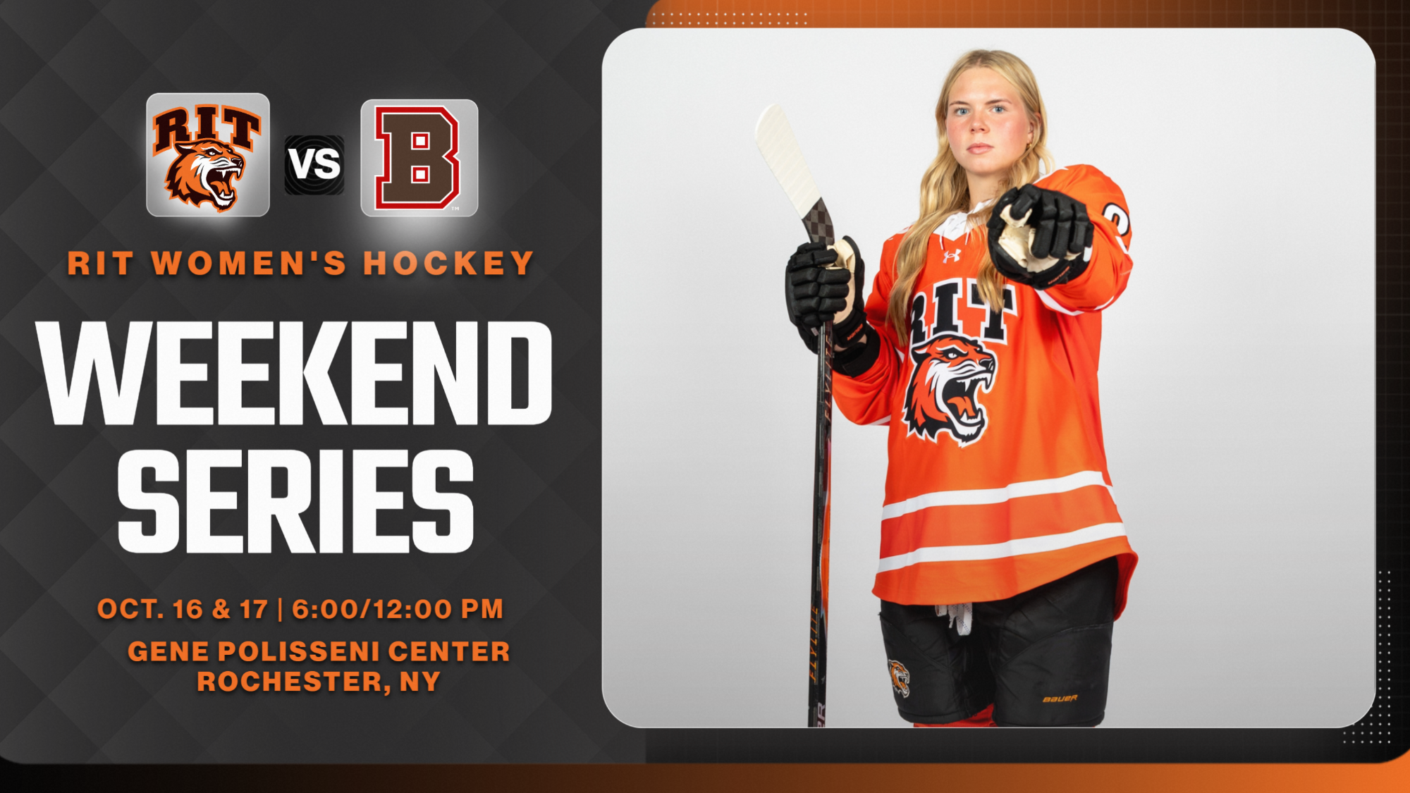 A graphic promoting the women's hockey games vs. Brown with a posed shot of Madison Buziak