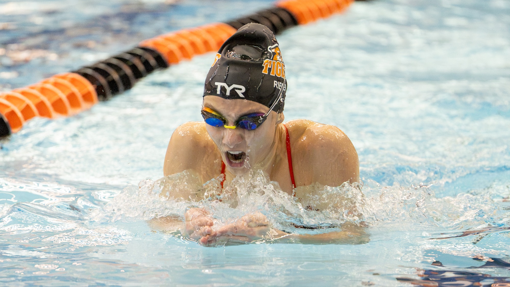 An RIT women's swimmer competes in a meet against Alfred University on Friday October 16, 2026