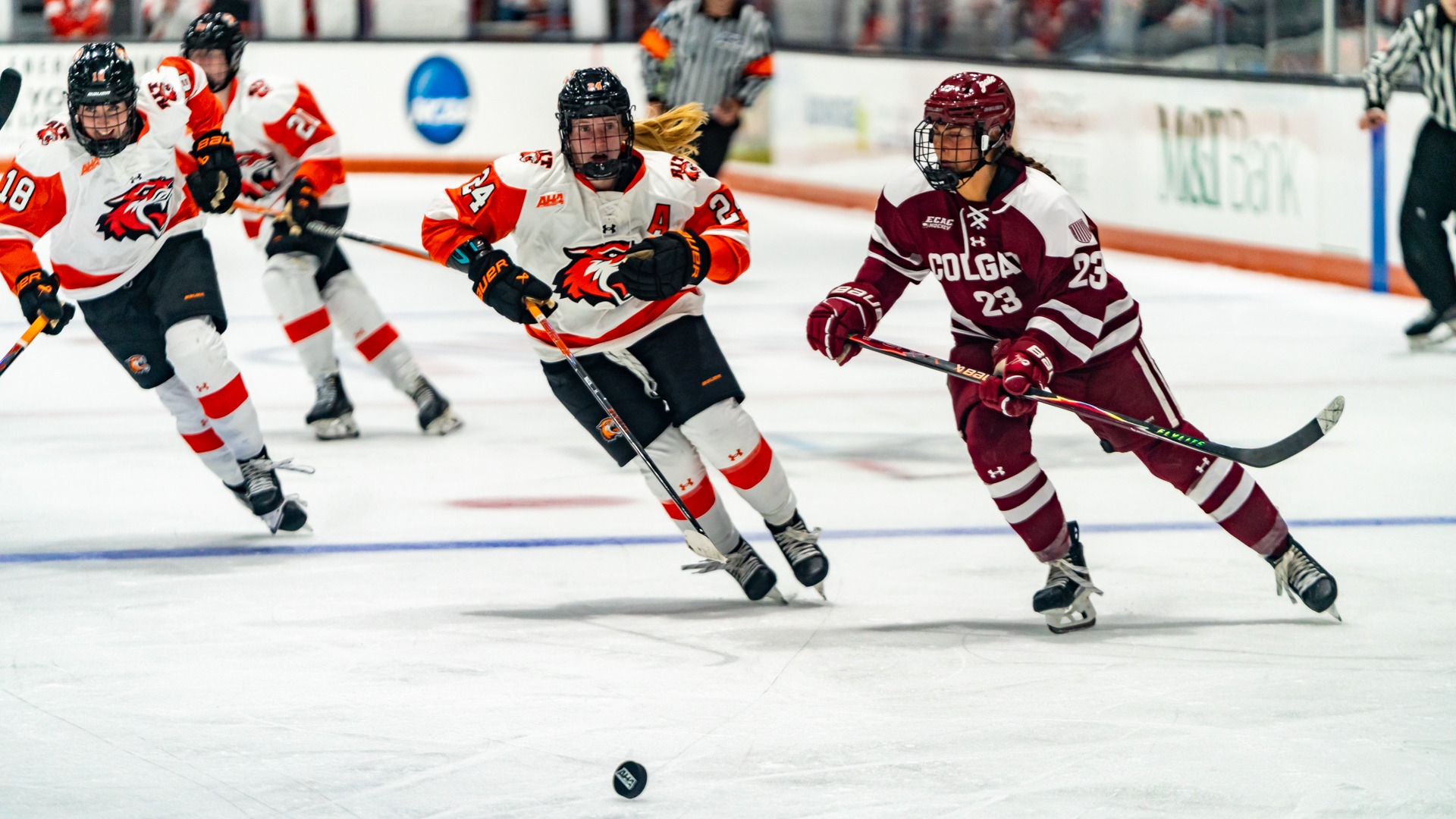 RIT's Linda Rulle, #24, racing down the ice to follow the puck during second period on Friday, Oct. 2, 2026, at Gene Polisseni Center. RIT Athletics / Cole Quinones.